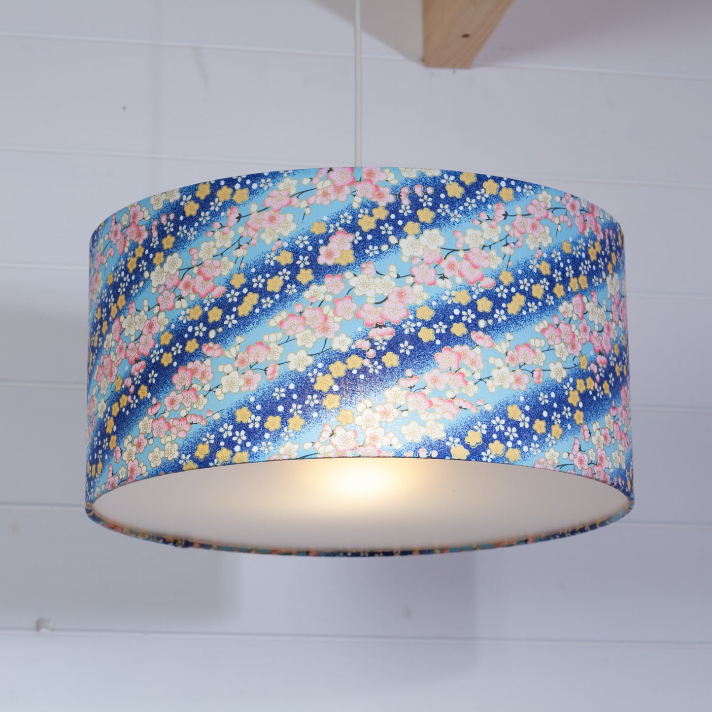 Drum Lamp Shade - F120 ~ Cherry Blossom Blues Fabric, 40cm(d) x 20cm(h)