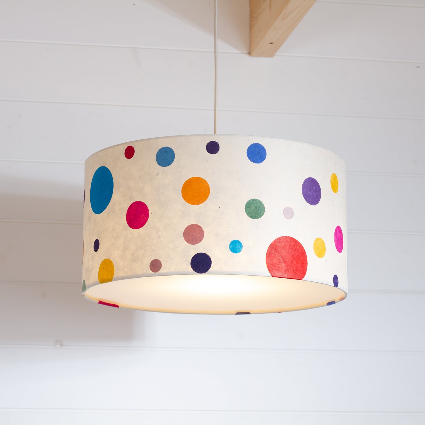 Drum Lamp Shade - P39 - Polka Dots on Natural Lokta, 40cm(d) x 20cm(h)