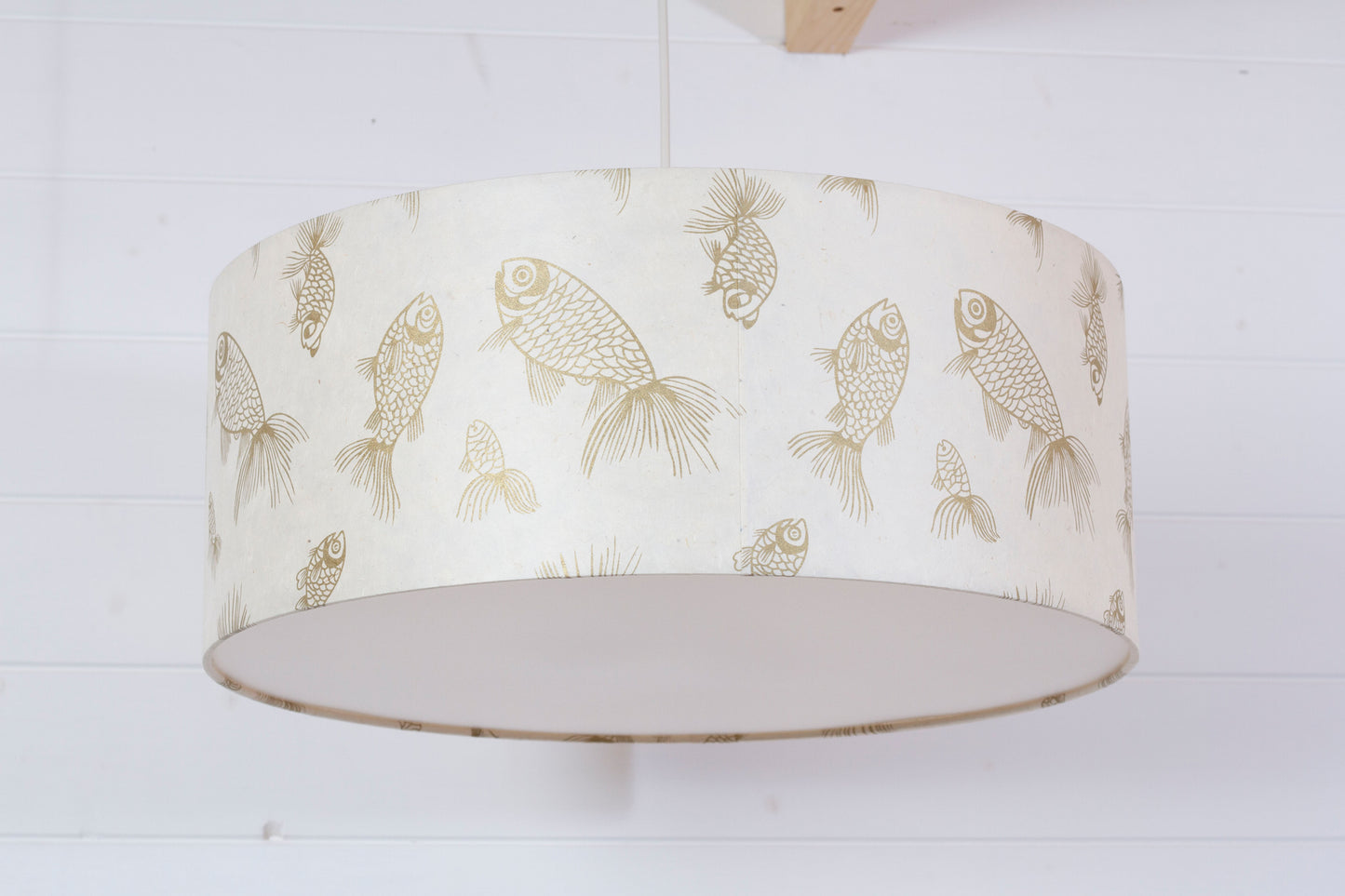 Drum Lamp Shade - P40 - Gold Fish Screen Print on Natural Lokta, 50cm(d) x 20cm(h)