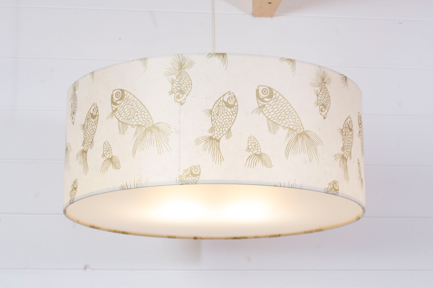 Drum Lamp Shade - P40 - Gold Fish Screen Print on Natural Lokta, 50cm(d) x 20cm(h)