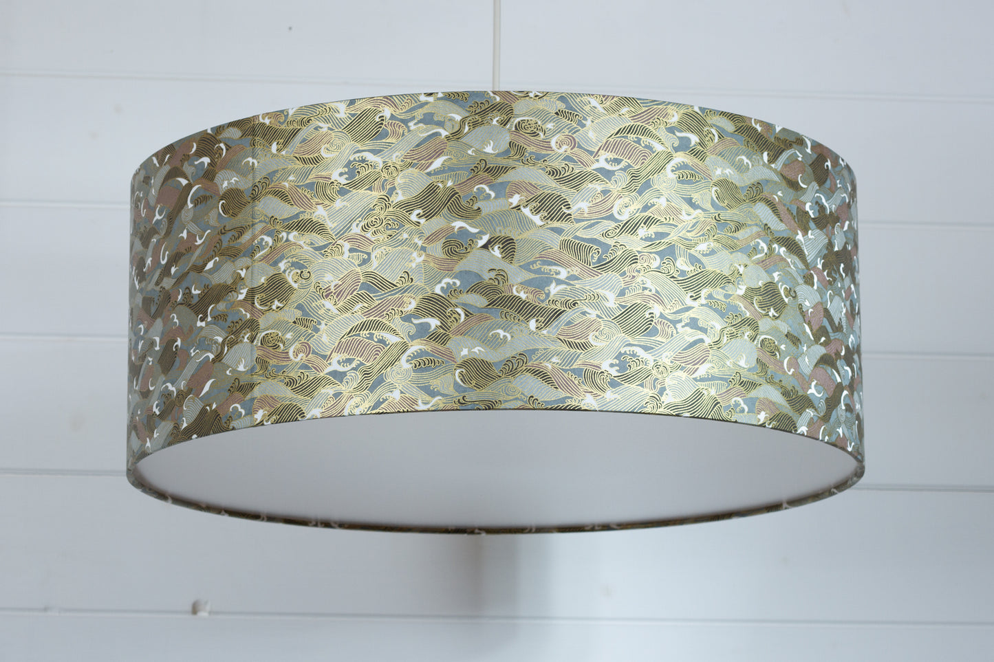 Drum Lamp Shade - W03 - Gold Waves on Greys, 50cm(d) x 20cm(h)