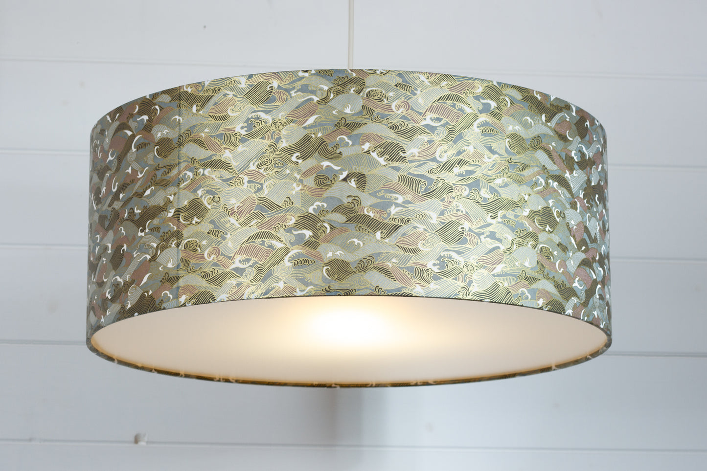 Drum Lamp Shade - W03 - Gold Waves on Greys, 50cm(d) x 20cm(h)