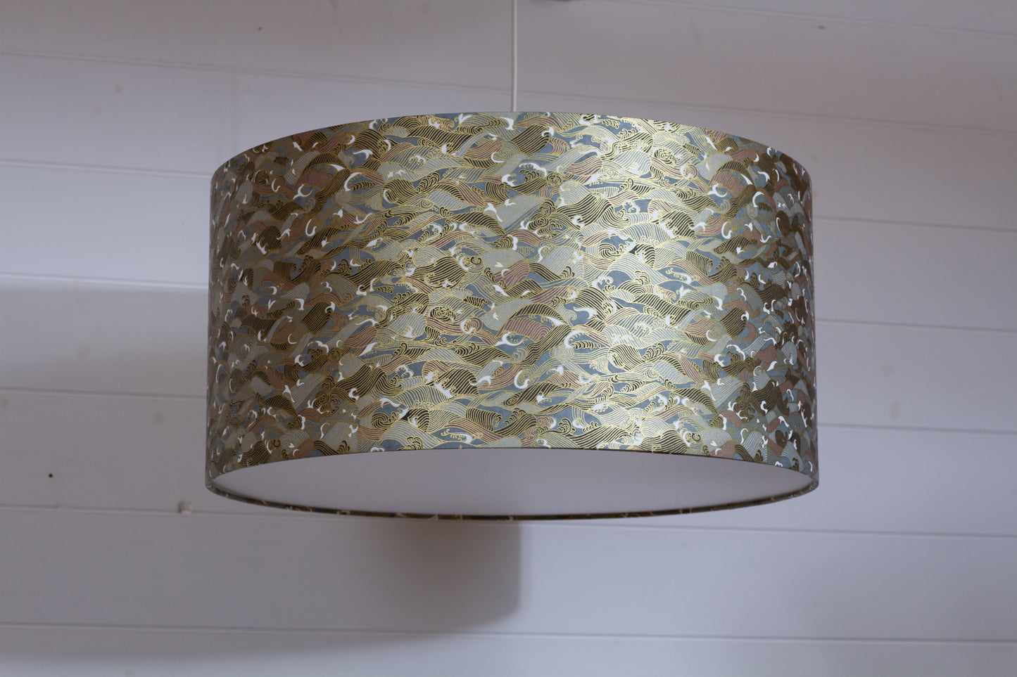 Drum Lamp Shade - W03 - Gold Waves on Greys, 50cm(d) x 25cm(h)