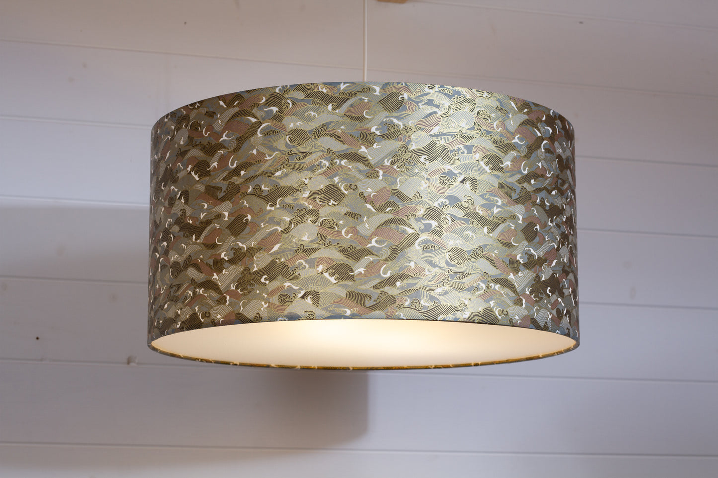 Drum Lamp Shade - W03 - Gold Waves on Greys, 50cm(d) x 25cm(h)