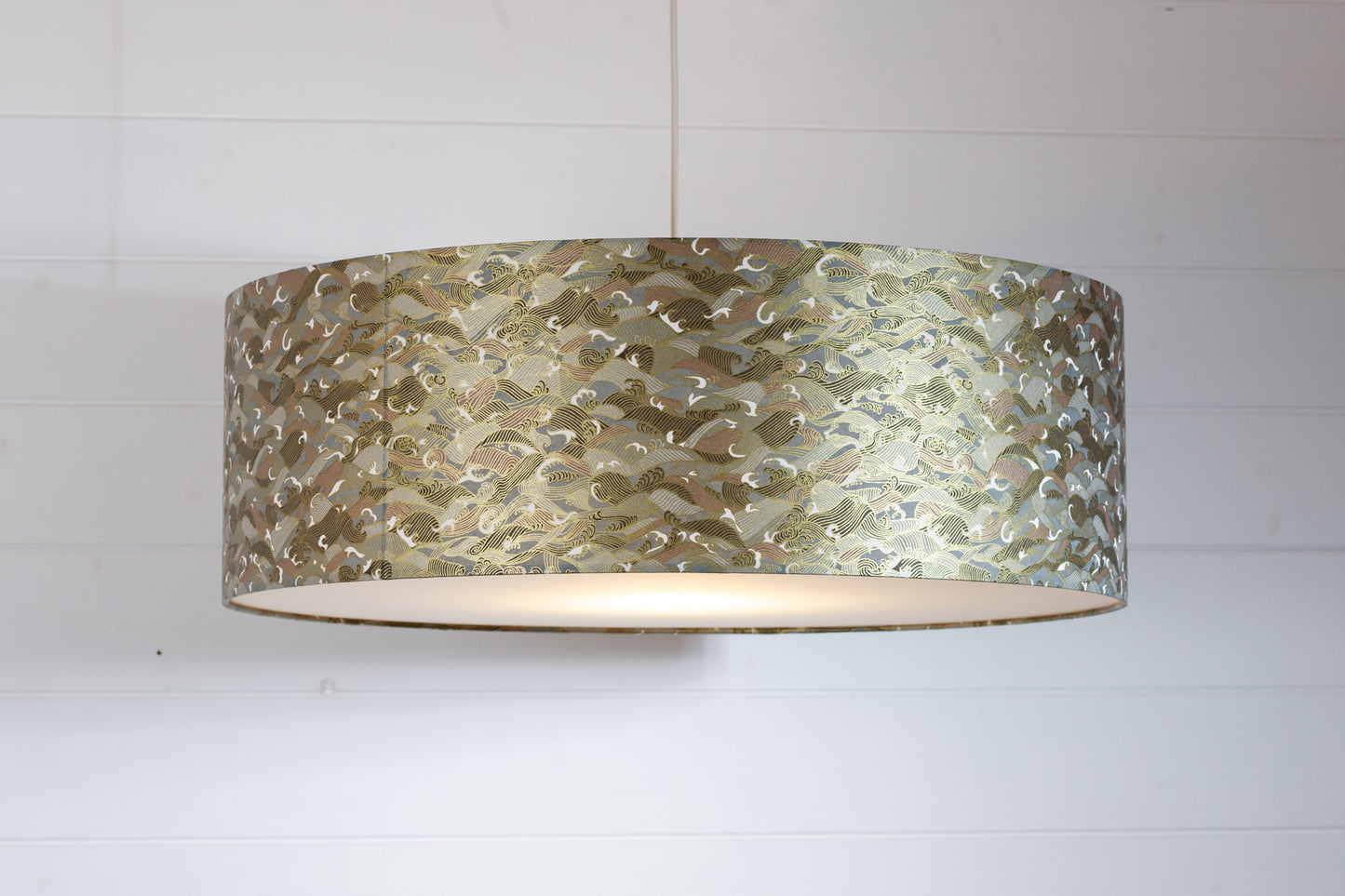 Drum Lamp Shade - W03 - Gold Waves on Greys, 60cm(d) x 20cm(h)