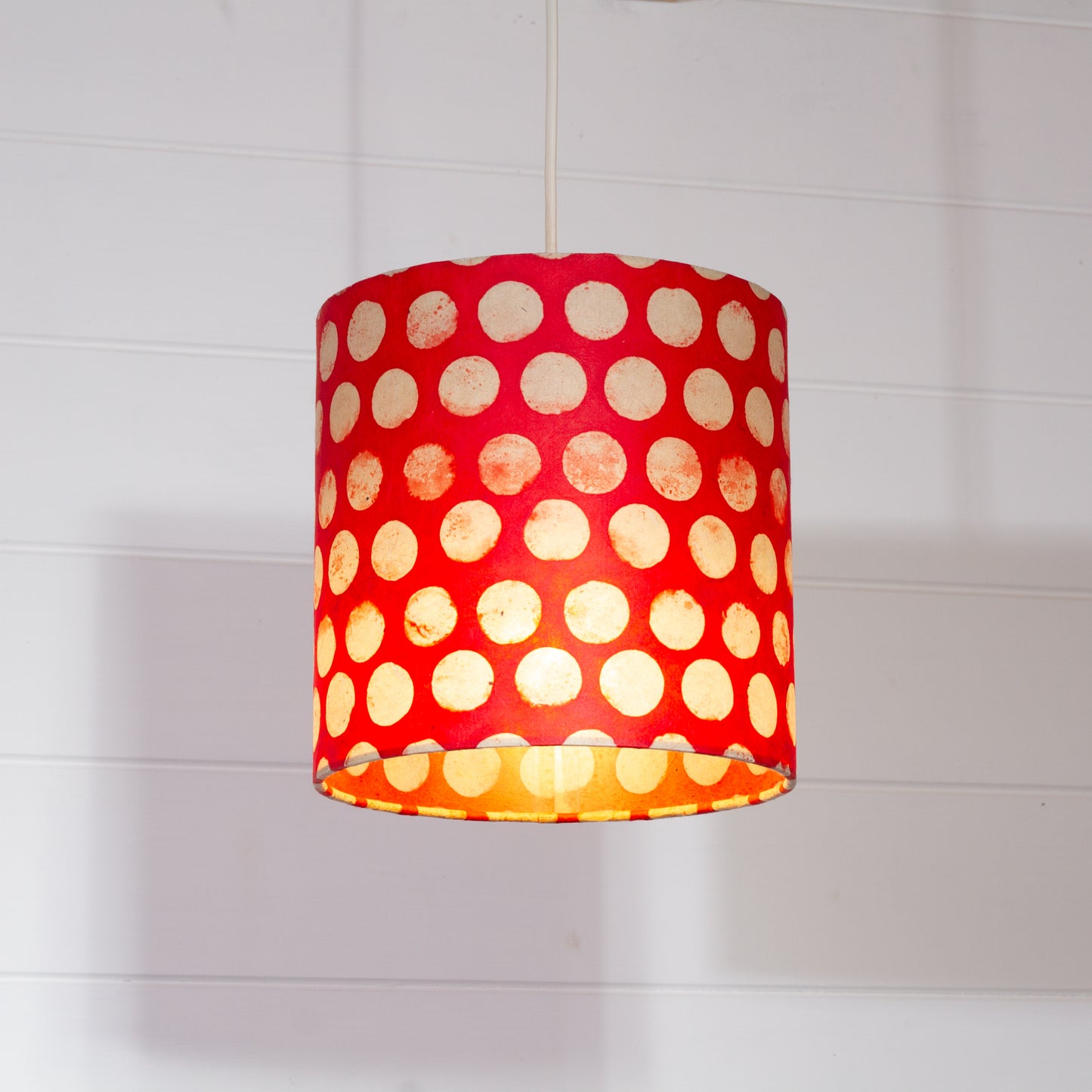 Drum Lamp Shade - P84 ~ Batik Dots on Red, 20cm(d) x 20cm(h)