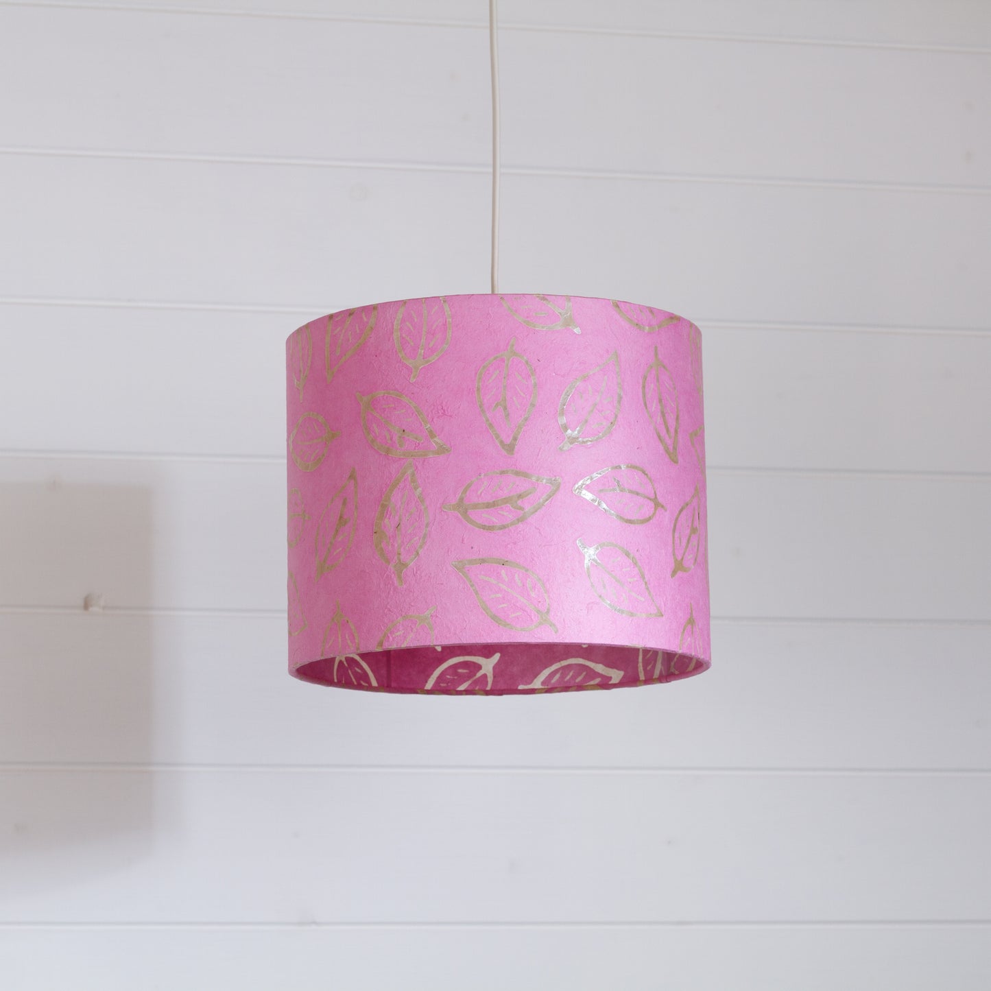 Drum Lamp Shade - P67 ~ Batik Leaf on Pink, 25cm x 20cm
