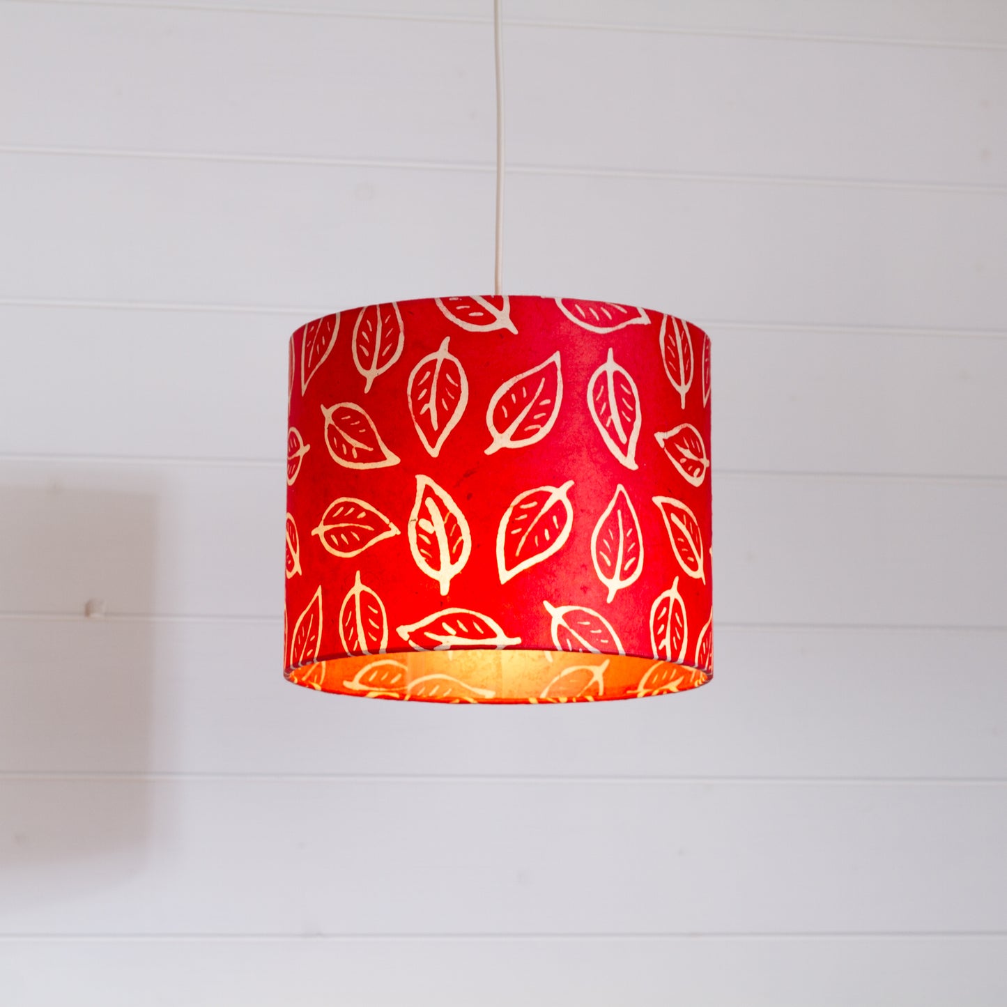 Drum Lamp Shade - P30 - Batik Leaf on Red, 25cm x 20cm