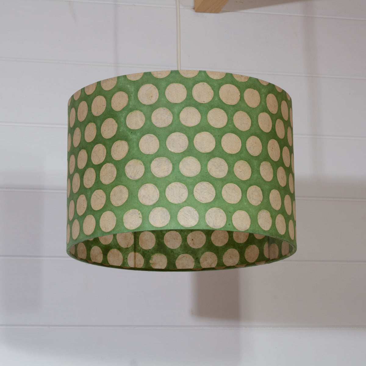 Drum Lamp Shade - P87 ~ Batik Dots on Green, 30cm(d) x 20cm(h)