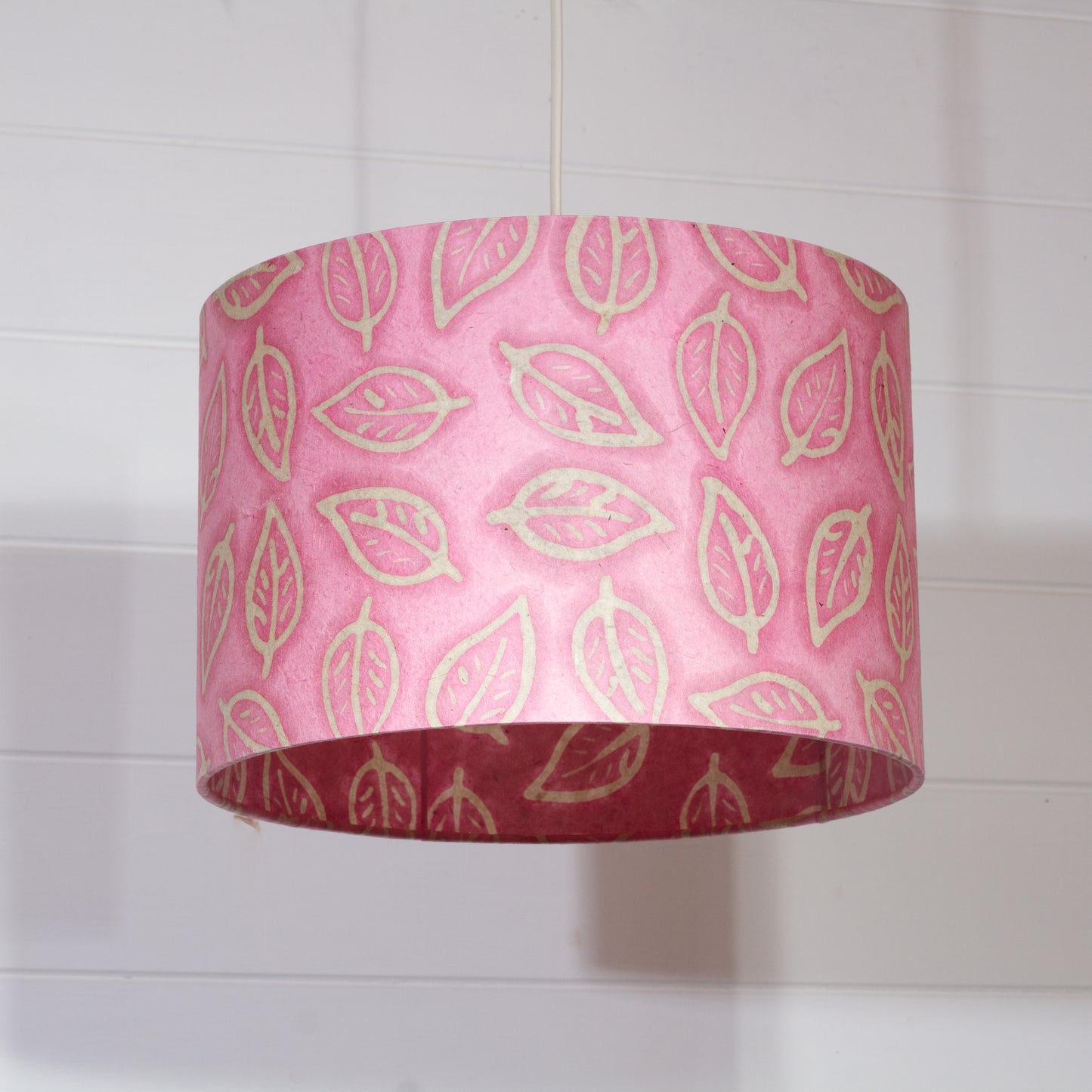 Drum Lamp Shade - P67 - Batik Leaf on Pink, 30cm(d) x 20cm(h)