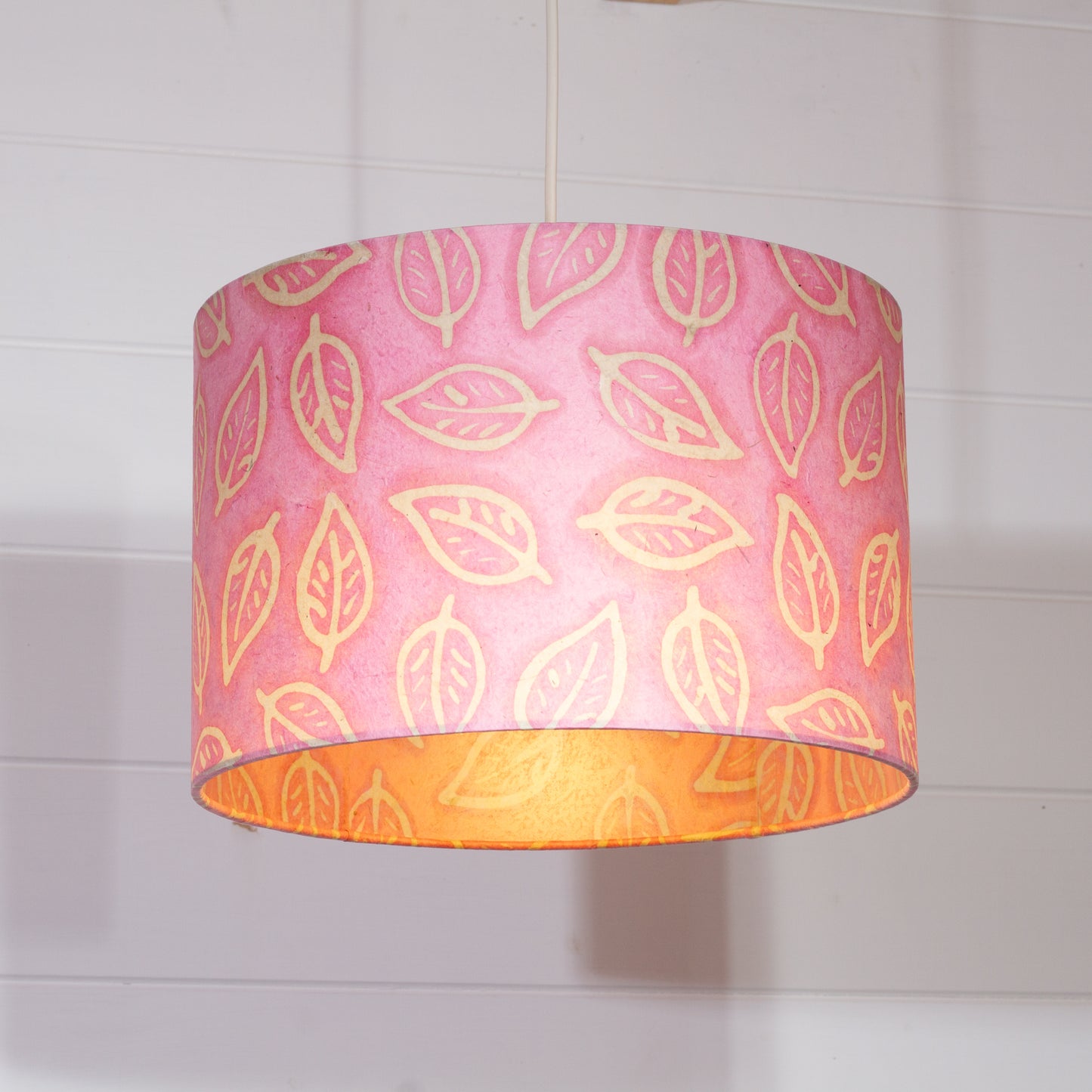 Drum Lamp Shade - P67 - Batik Leaf on Pink, 30cm(d) x 20cm(h)