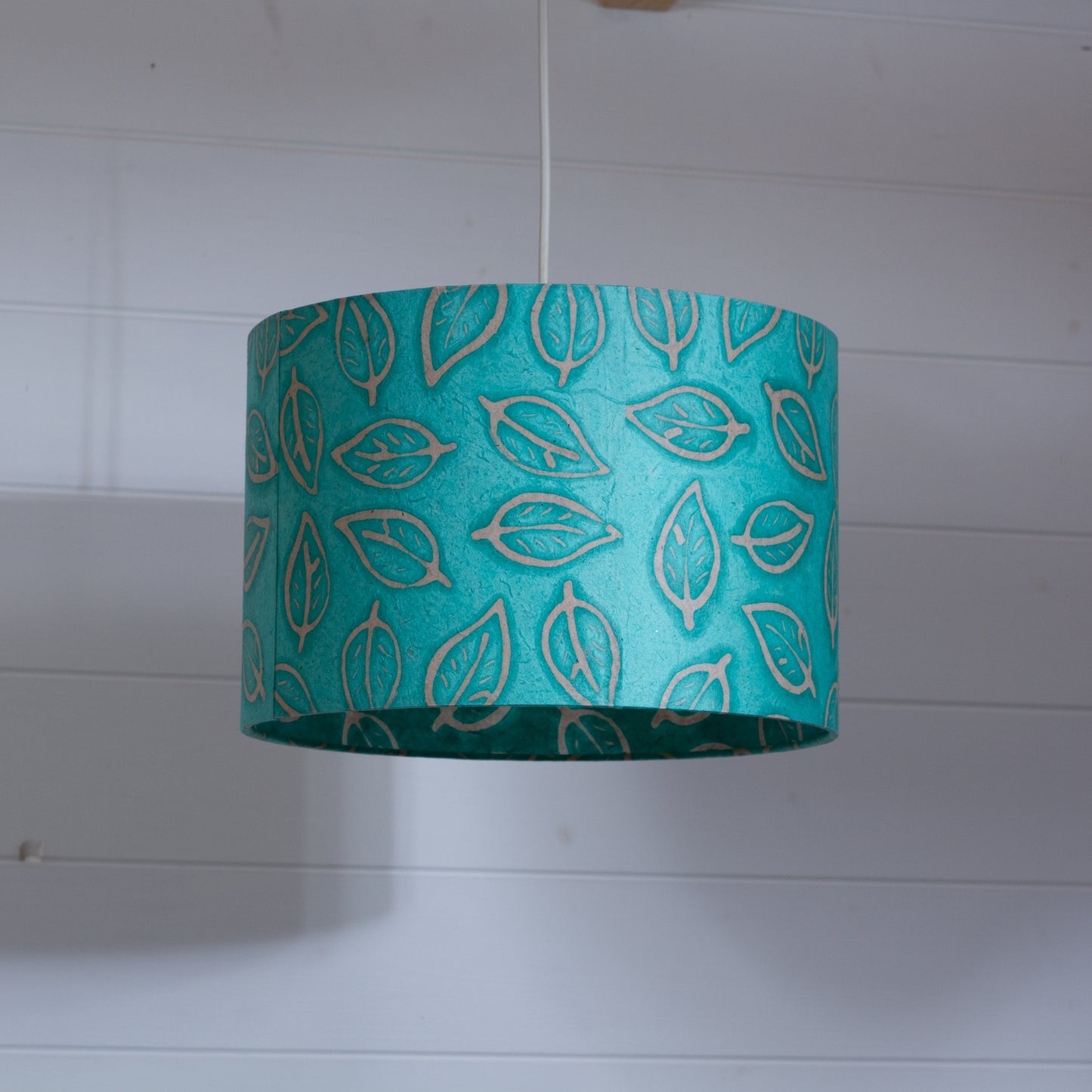 Drum Lamp Shade - B138 ~ Batik Leaf Sea Foam, 30cm(d) x 20cm(h)