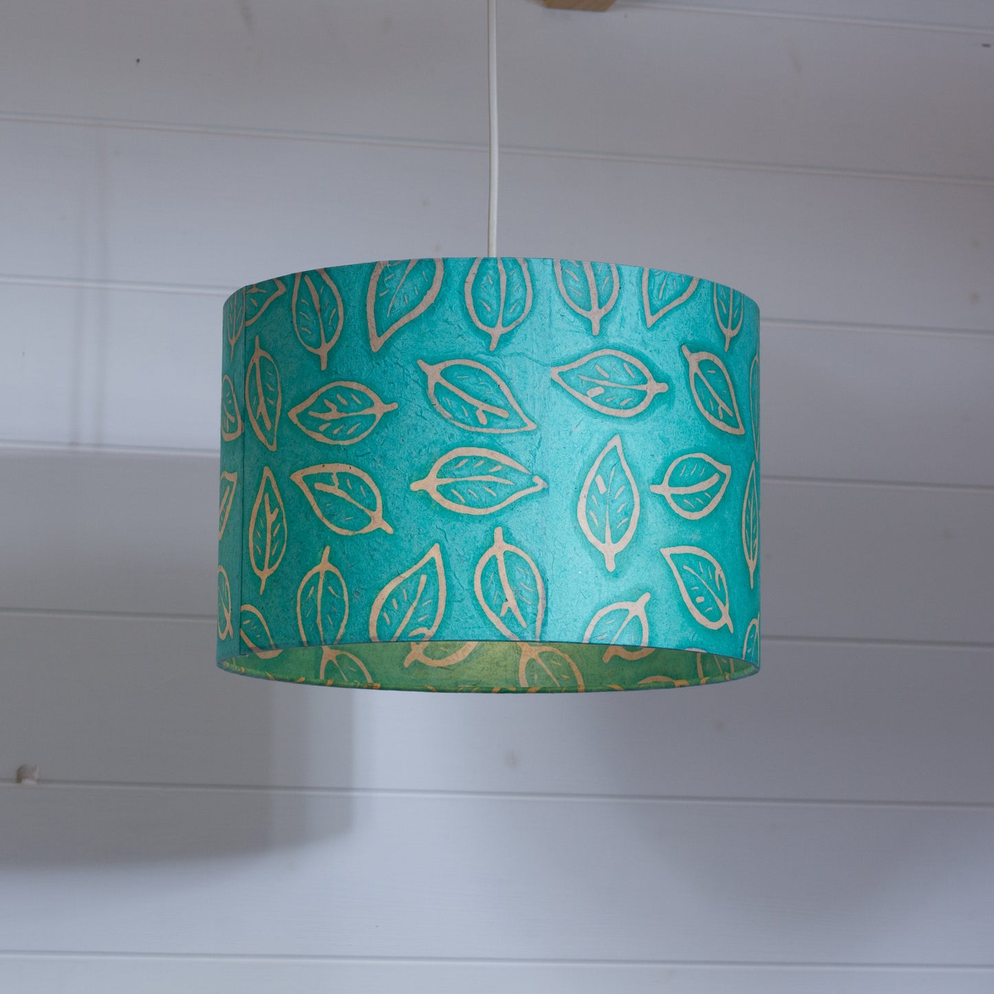 Drum Lamp Shade - B138 ~ Batik Leaf Sea Foam, 30cm(d) x 20cm(h)