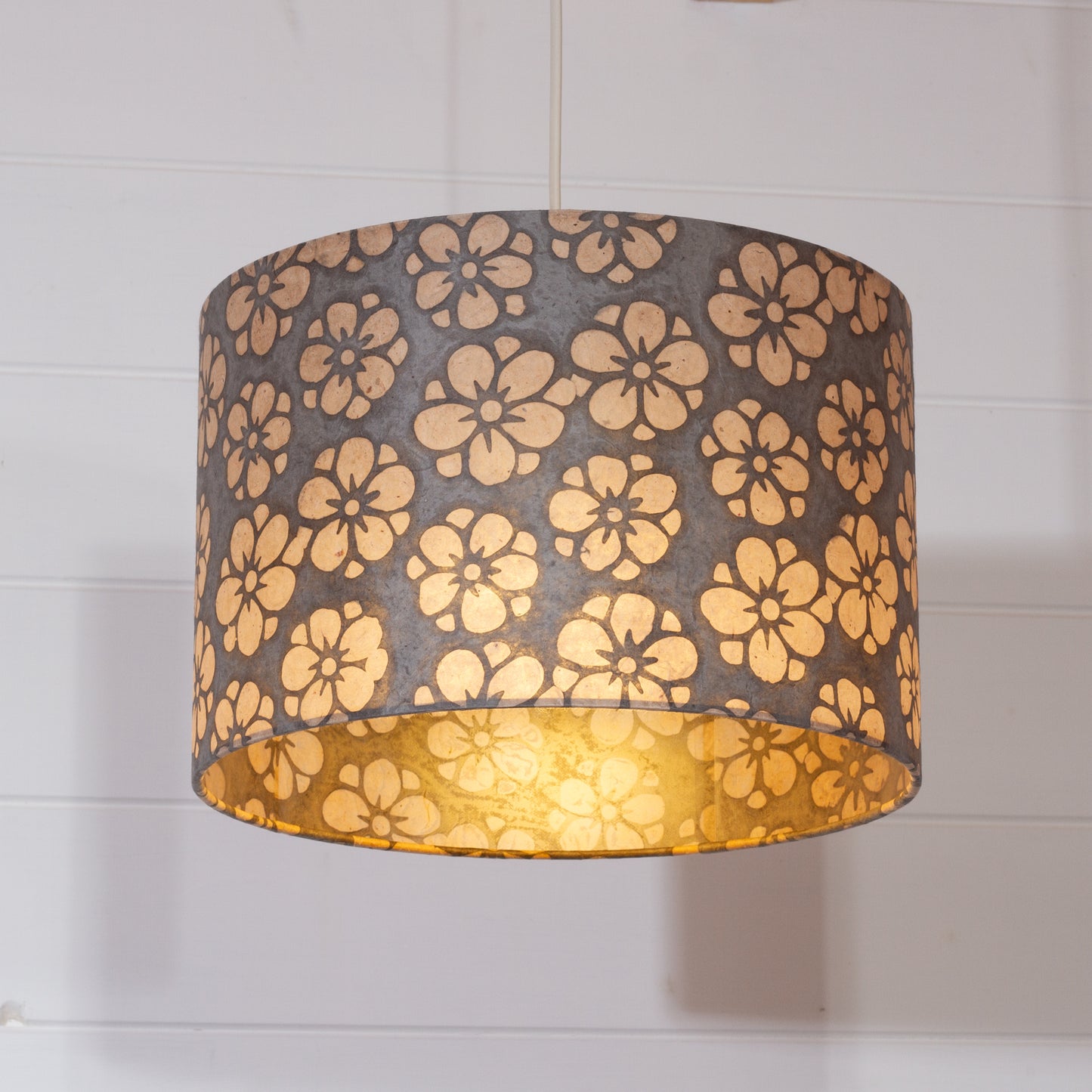Drum Lamp Shade - P77 - Batik Star Flower Grey, 30cm(d) x 20cm(h)