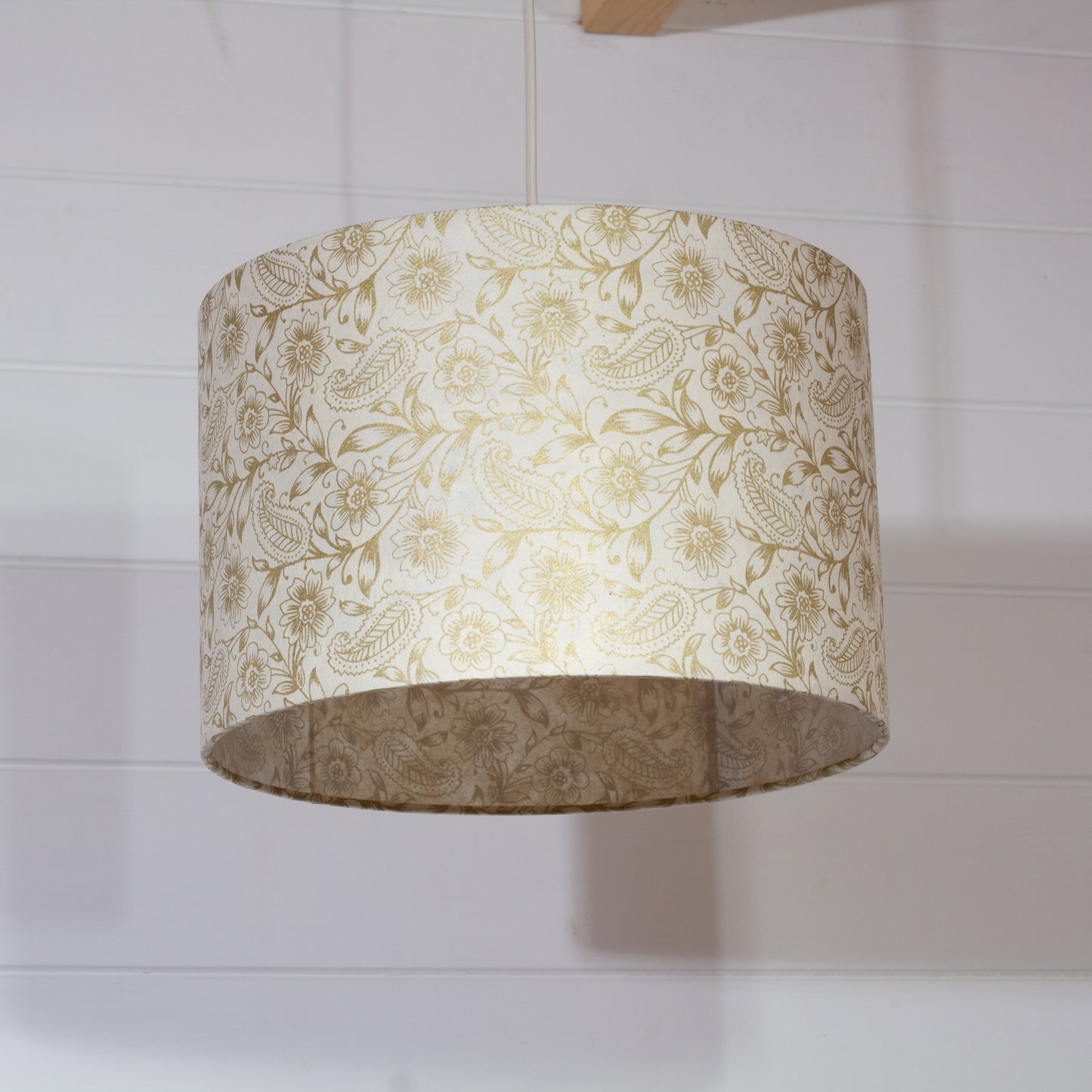 Drum Lamp Shade - P69 - Garden Gold on Natural, 30cm(d) x 20cm(h)