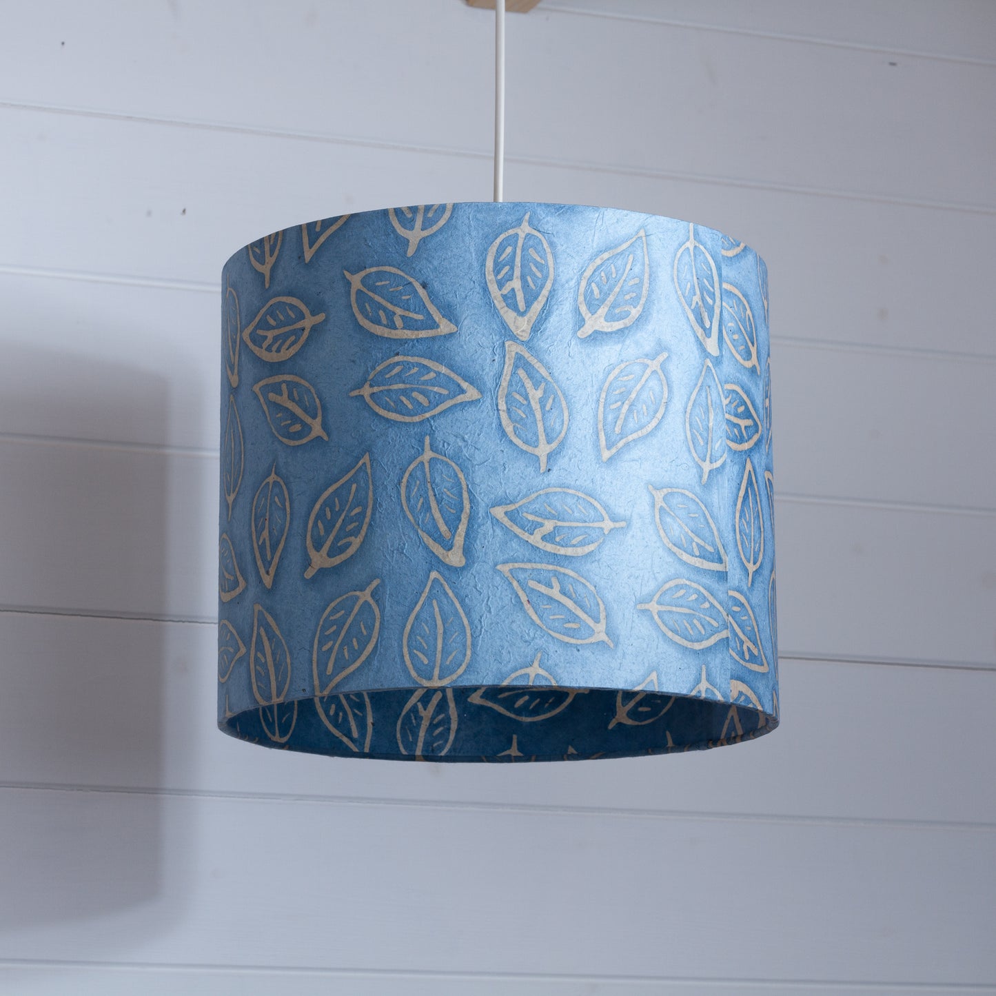 Drum Lamp Shade - P31 - Batik Leaf on Blue, 30cm(d) x 25cm(h)