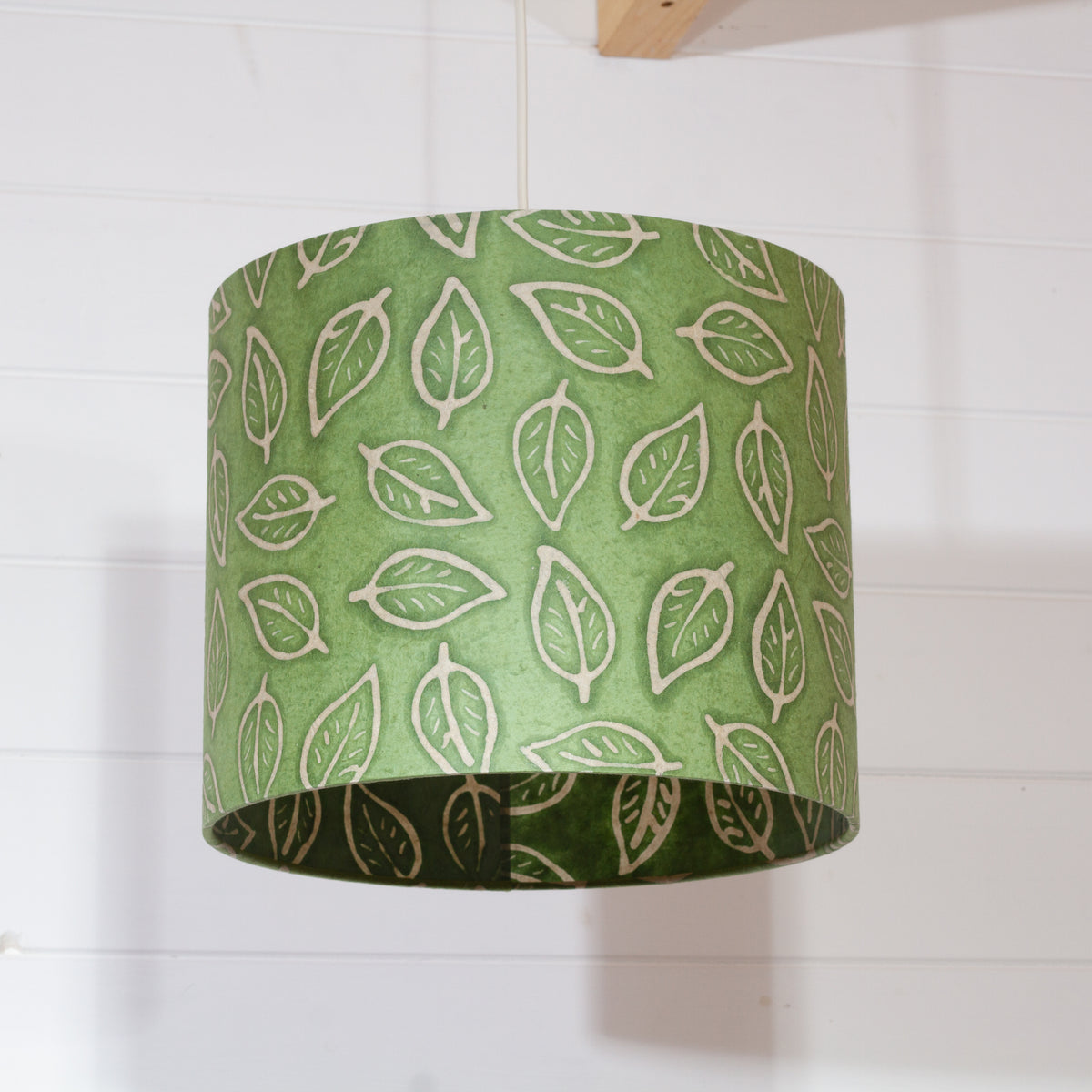 Drum Lamp Shade - P29 - Batik Leaf on Green, 30cm(d) x 25cm(h)