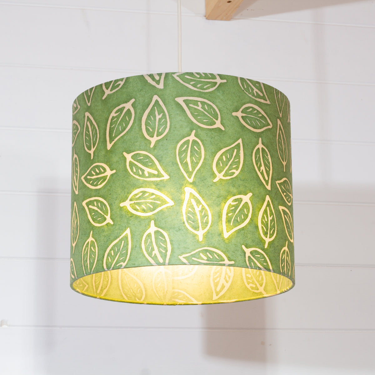 Drum Lamp Shade - P29 - Batik Leaf on Green, 30cm(d) x 25cm(h)