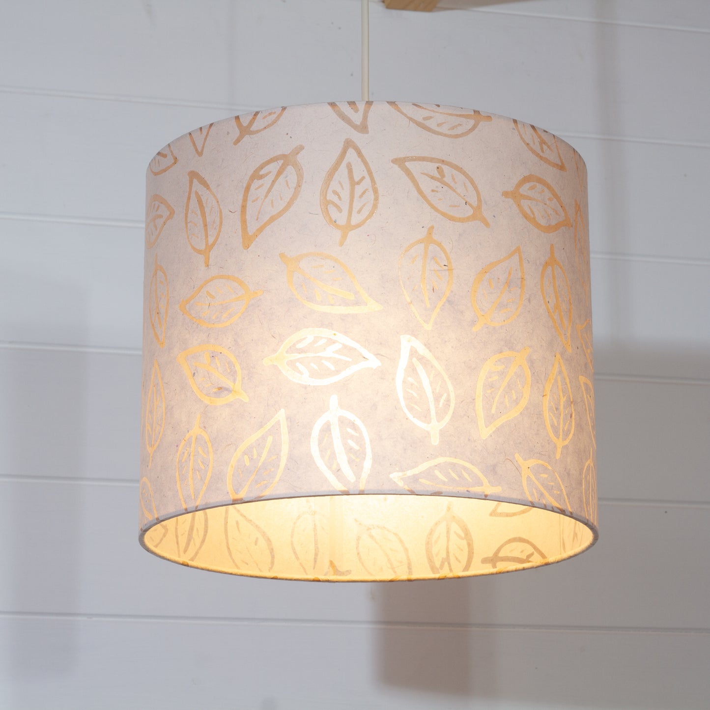 Drum Lamp Shade - P28 - Batik Leaf on Natural, 30cm(d) x 25cm(h)