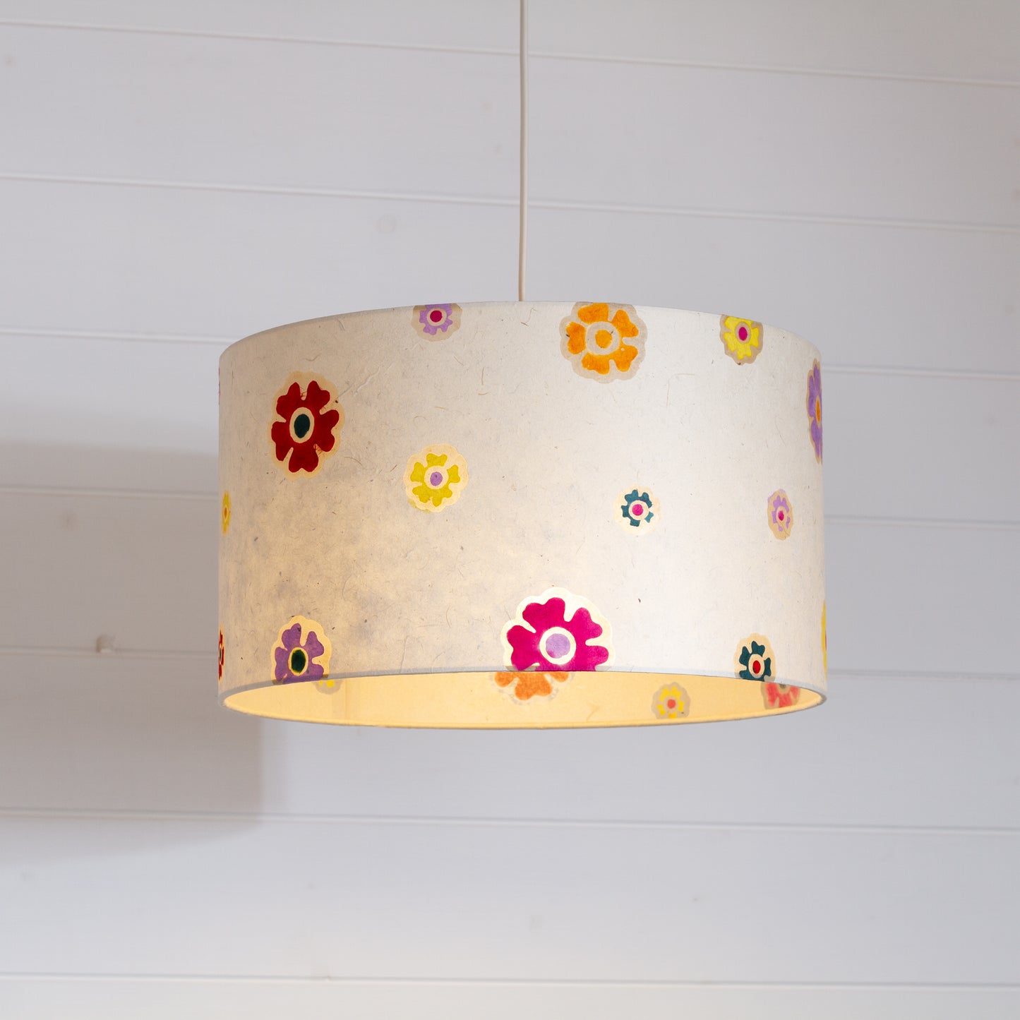 Drum Lamp Shade - P35 - Batik Multi Flower on Natural, 35cm(d) x 20cm(h)