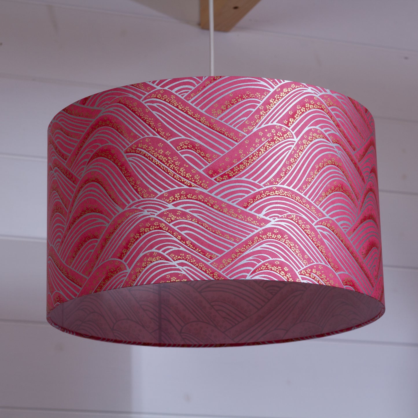 Drum Lamp Shade - W04 ~ Pink Hills with Gold Flowers, 35cm(d) x 20cm(h)