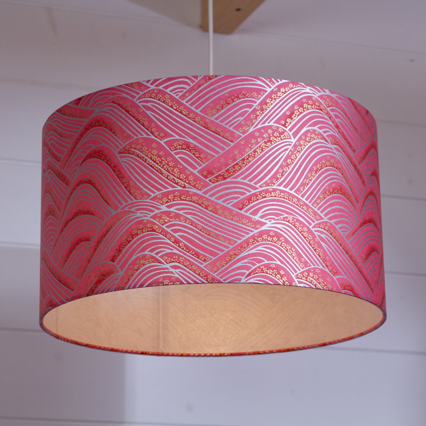 Drum Lamp Shade - W04 ~ Pink Hills with Gold Flowers, 35cm(d) x 20cm(h)