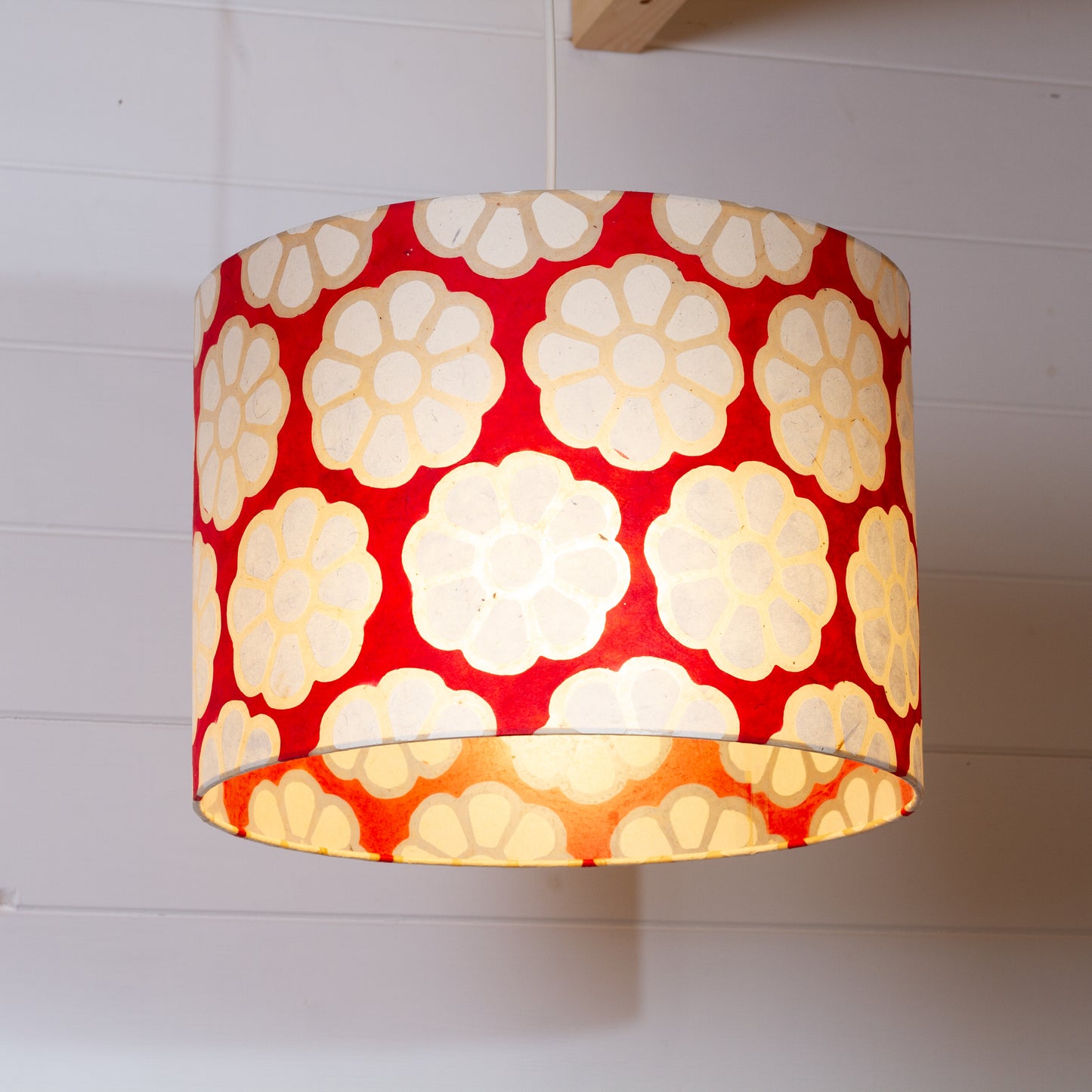 Drum Lamp Shade - P18 - Batik Big Flower on Red, 35cm(d) x 30cm(h)
