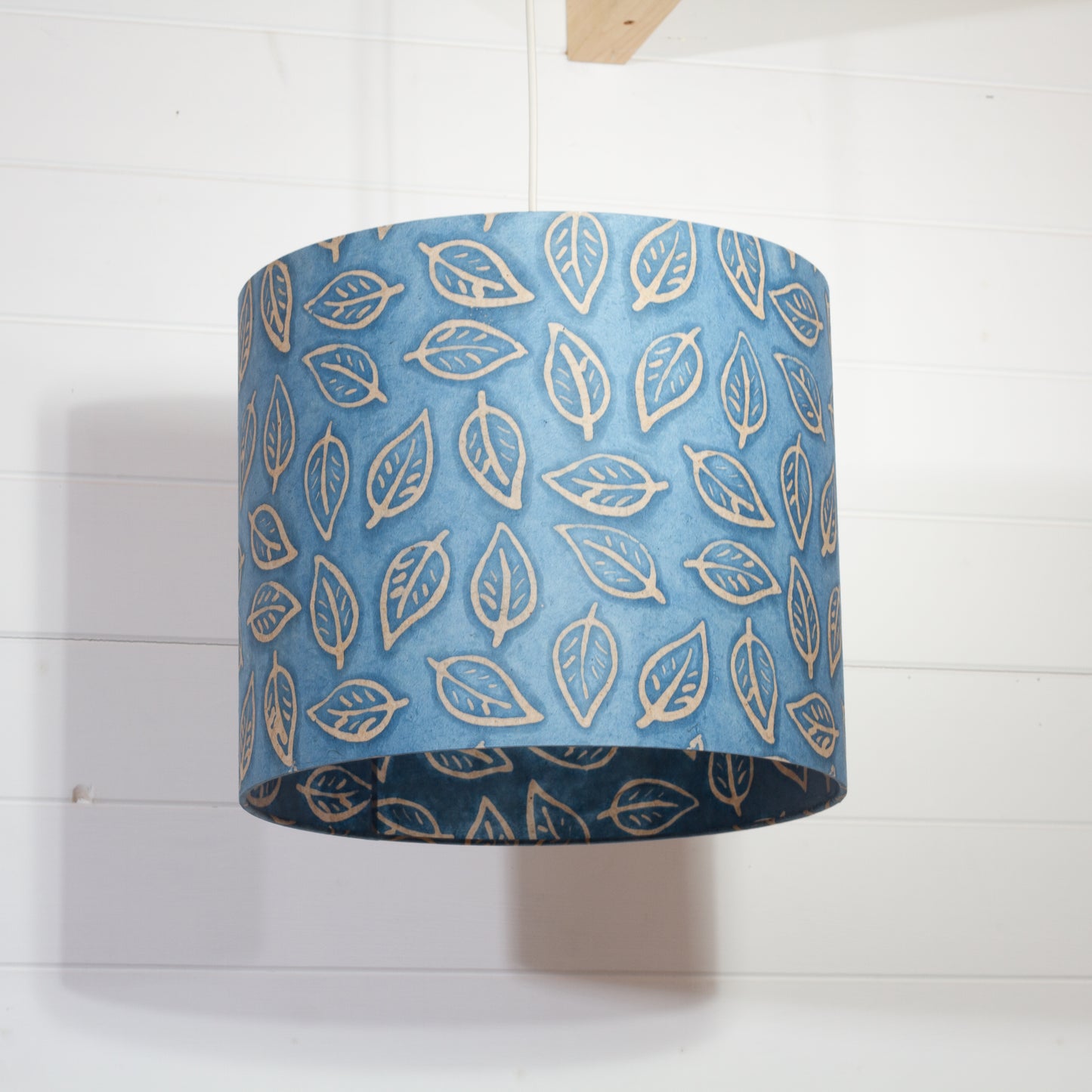 Drum Lamp Shade - P31 - Batik Leaf on Blue, 35cm(d) x 30cm(h)