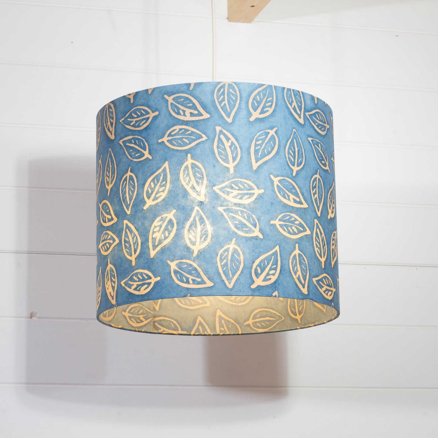 Drum Lamp Shade - P31 - Batik Leaf on Blue, 35cm(d) x 30cm(h)