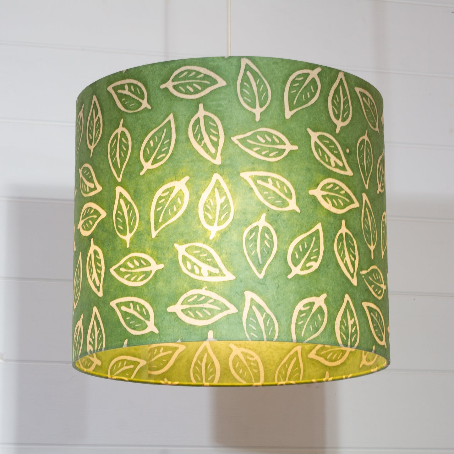 Drum Lamp Shade - P29 - Batik Leaf on Green, 35cm(d) x 30cm(h)