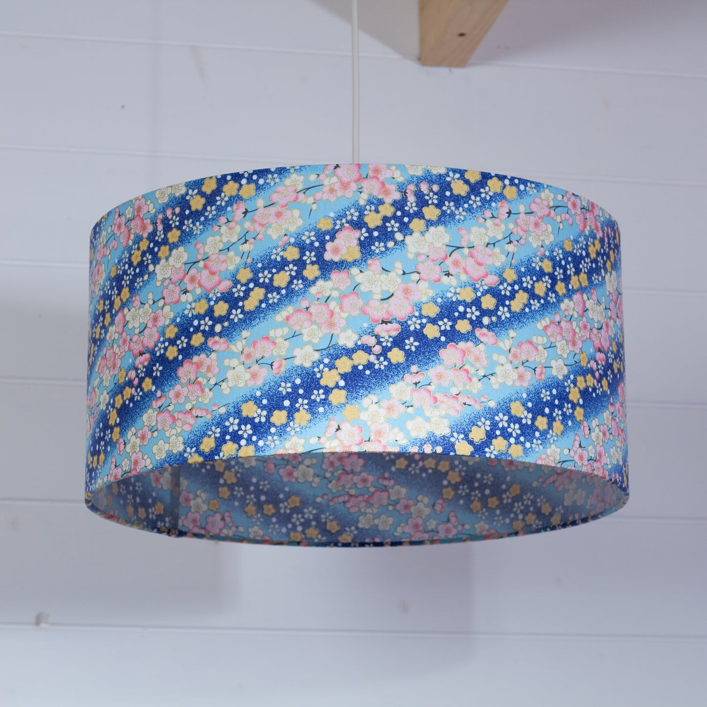 Drum Lamp Shade - F120 ~ Cherry Blossom Blues Fabric, 40cm(d) x 20cm(h)