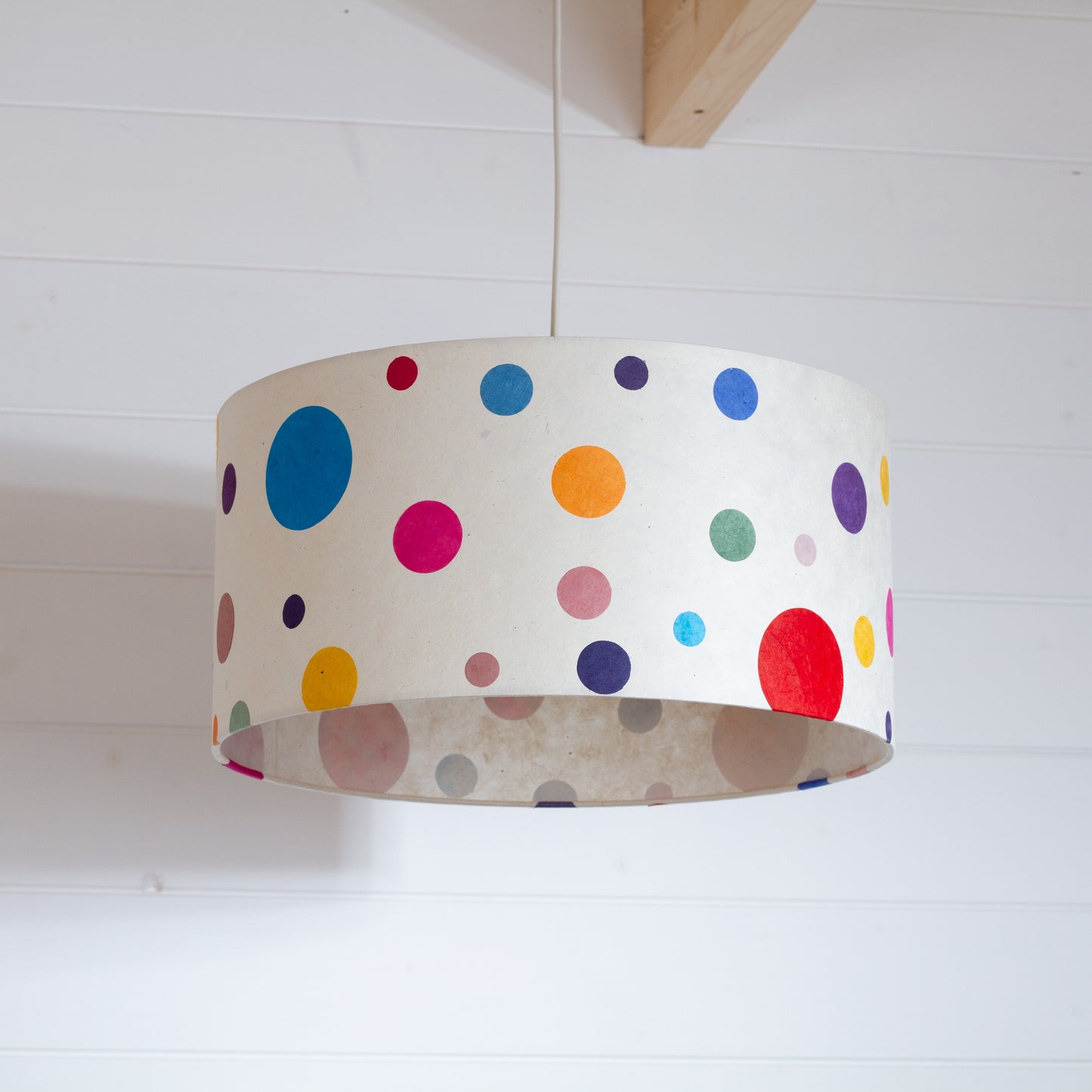 Drum Lamp Shade - P39 - Polka Dots on Natural Lokta, 40cm(d) x 20cm(h)