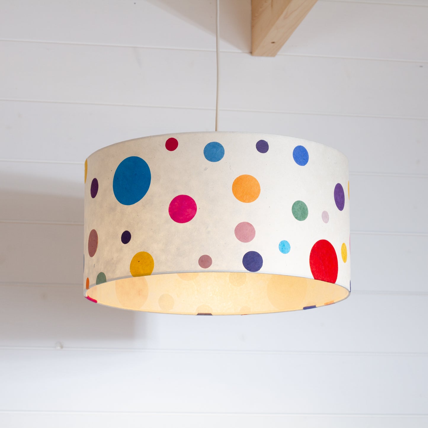 Drum Lamp Shade - P39 - Polka Dots on Natural Lokta, 40cm(d) x 20cm(h)