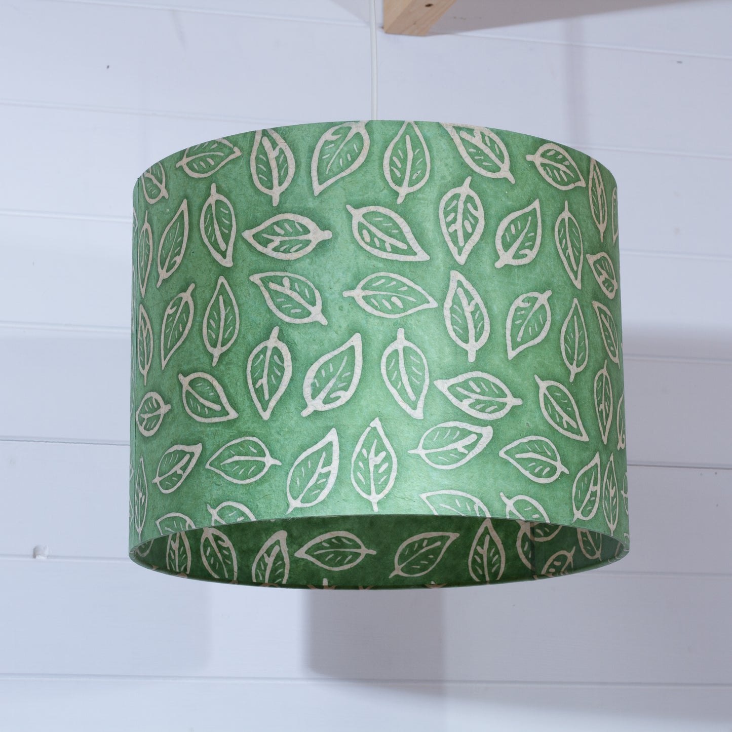 Drum Lamp Shade - P29 - Batik Leaf on Green, 40cm(d) x 30cm(h)