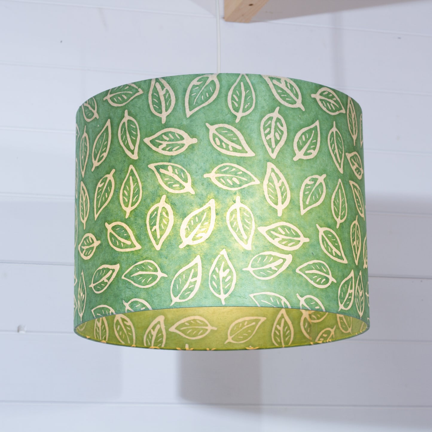 Drum Lamp Shade - P29 - Batik Leaf on Green, 40cm(d) x 30cm(h)