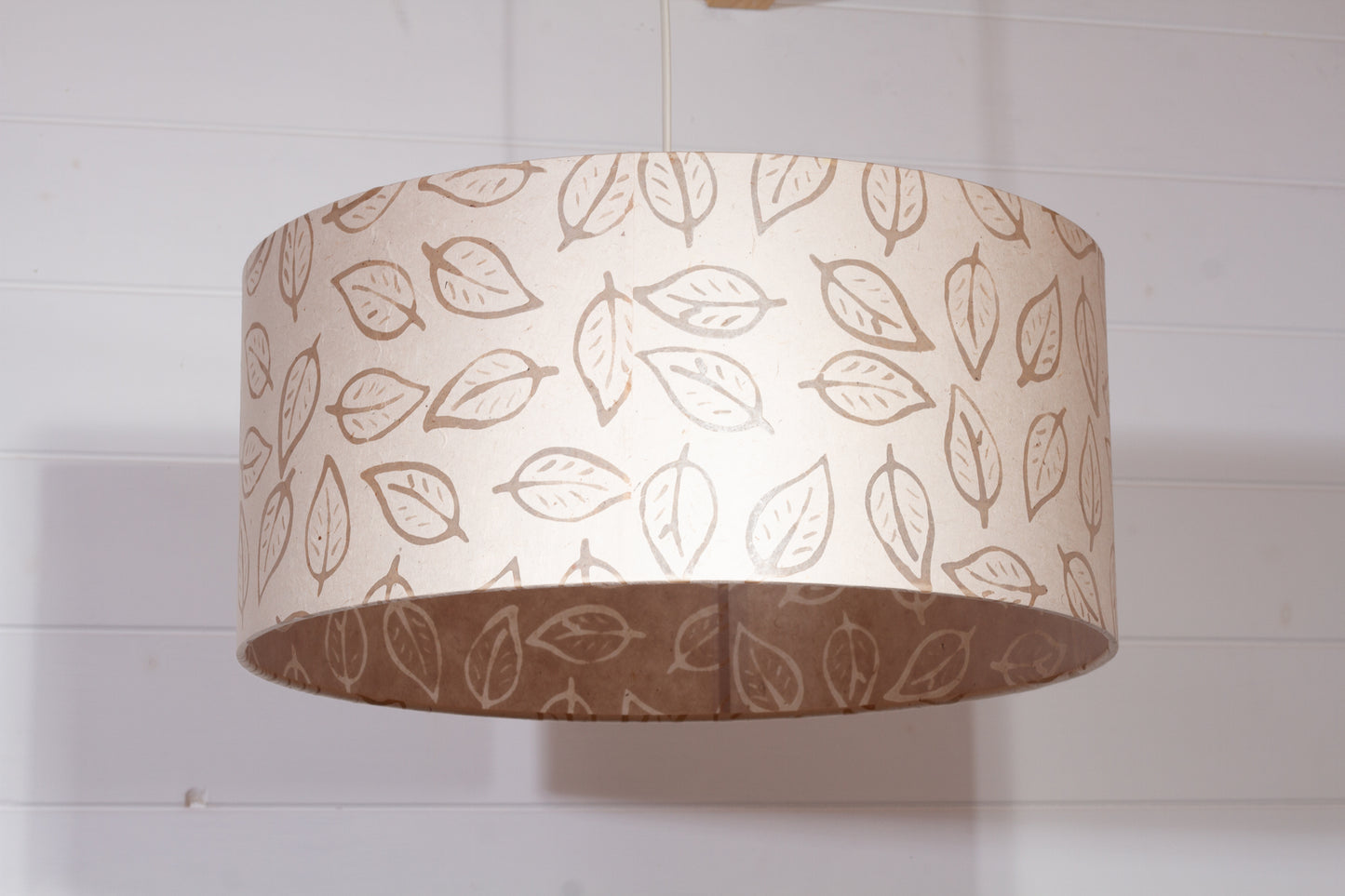 Drum Lamp Shade - P28 - Batik Leaf on Natural, 45cm(d) x 20cm(h)
