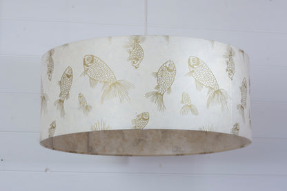 Drum Lamp Shade - P40 - Gold Fish Screen Print on Natural Lokta, 50cm(d) x 20cm(h)