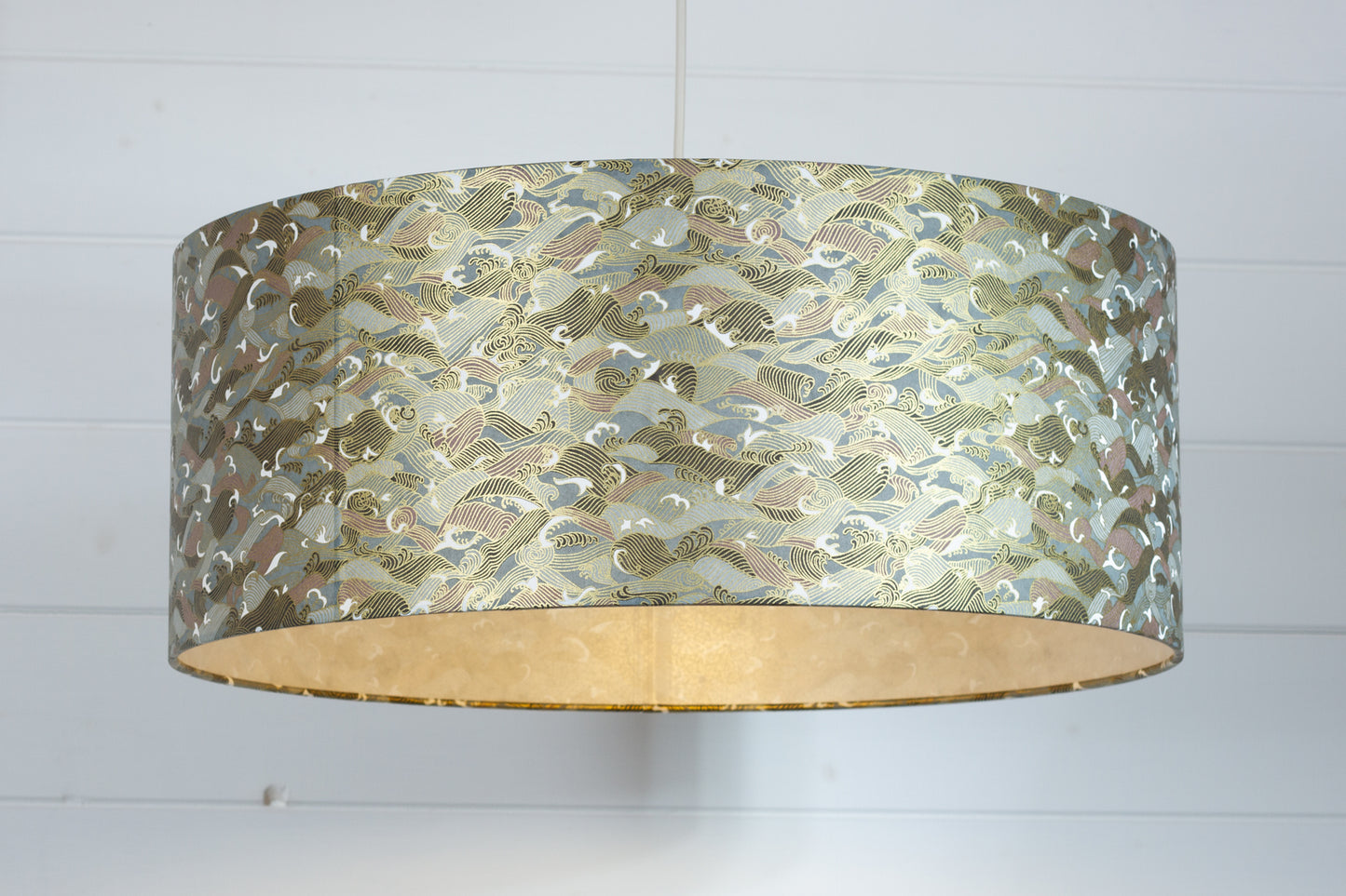 Drum Lamp Shade - W03 - Gold Waves on Greys, 50cm(d) x 20cm(h)