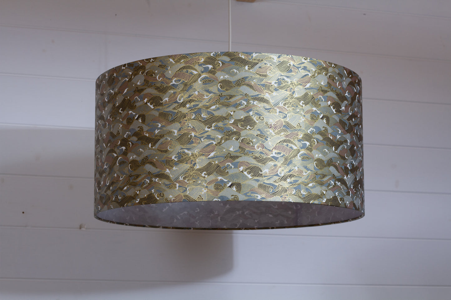 Drum Lamp Shade - W03 - Gold Waves on Greys, 50cm(d) x 25cm(h)