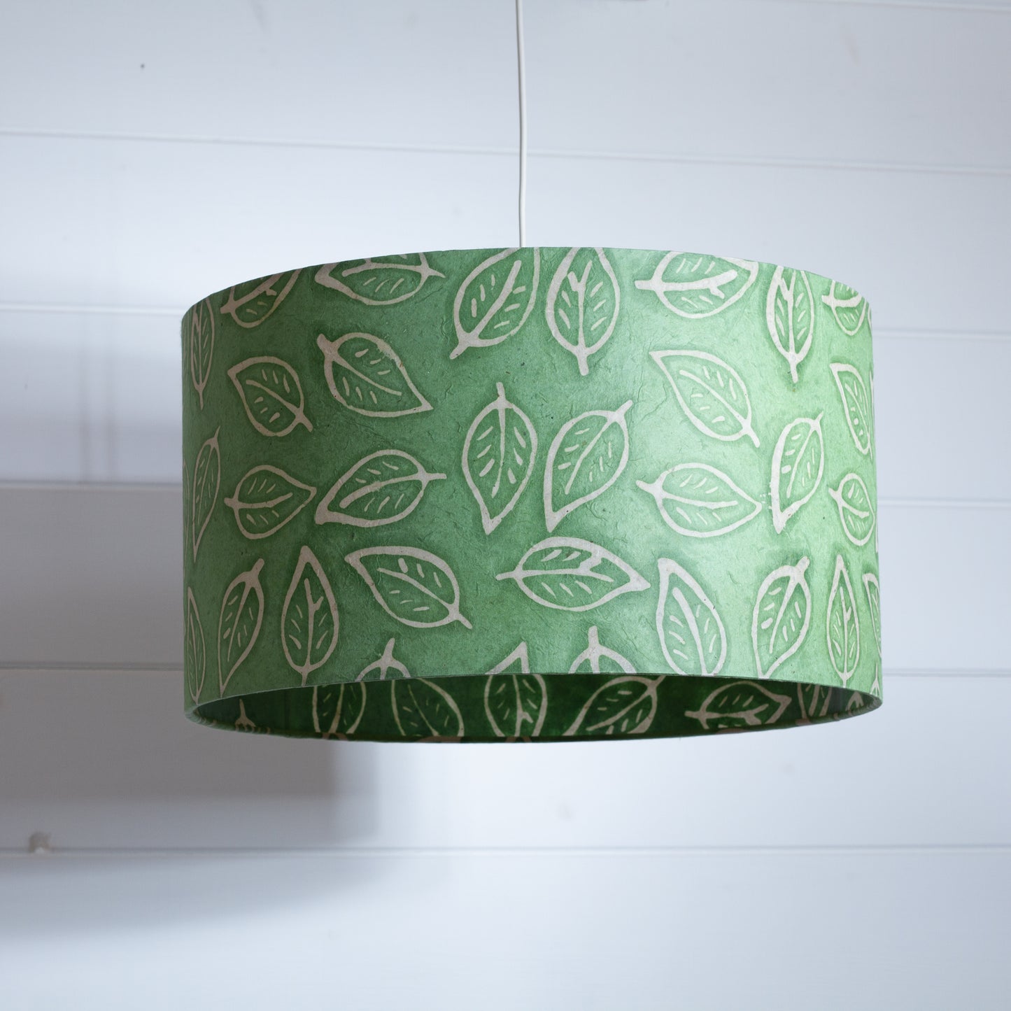 Drum Lamp Shade - P29 - Batik Leaf on Green, 35cm(d) x 20cm(h)