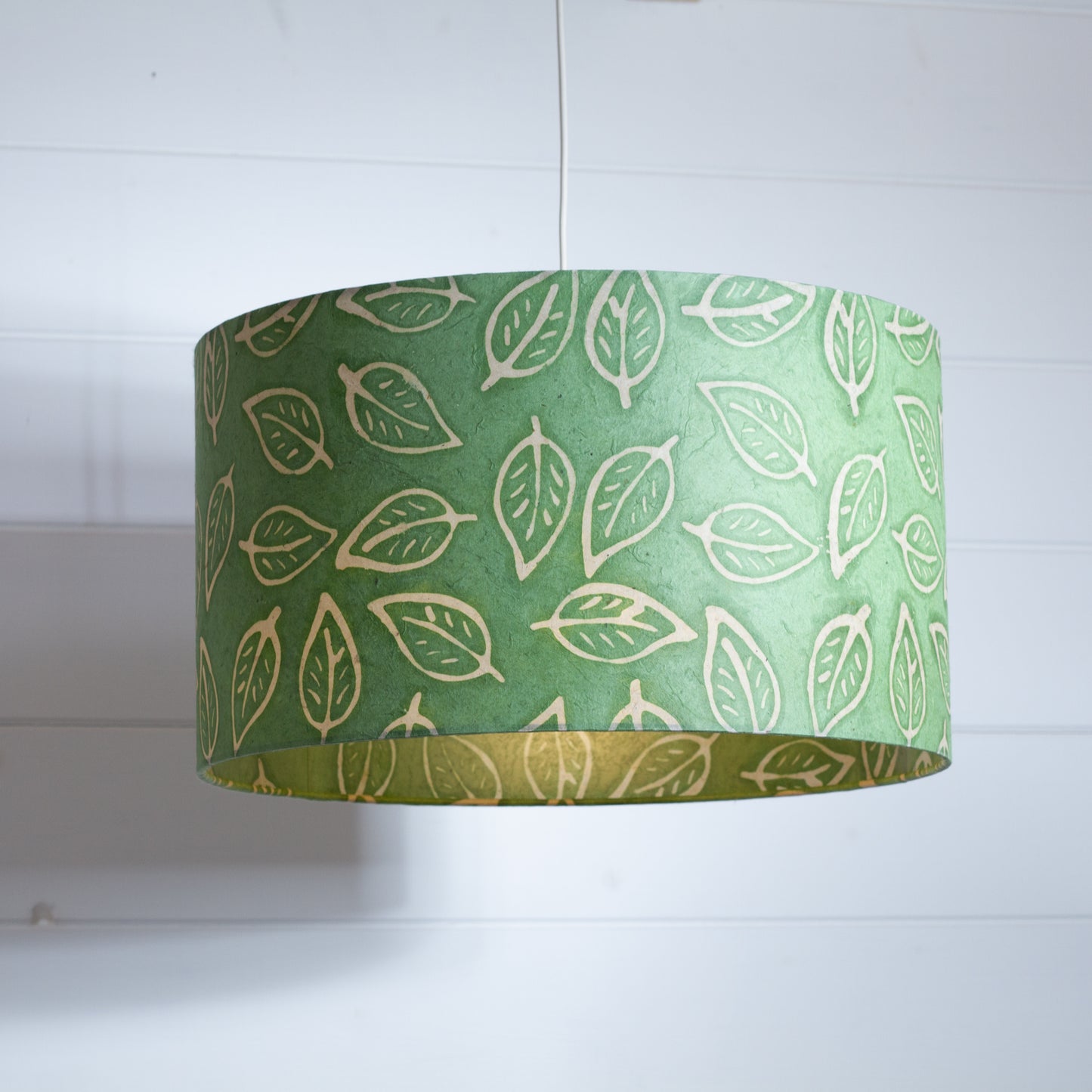 Drum Lamp Shade - P29 - Batik Leaf on Green, 35cm(d) x 20cm(h)