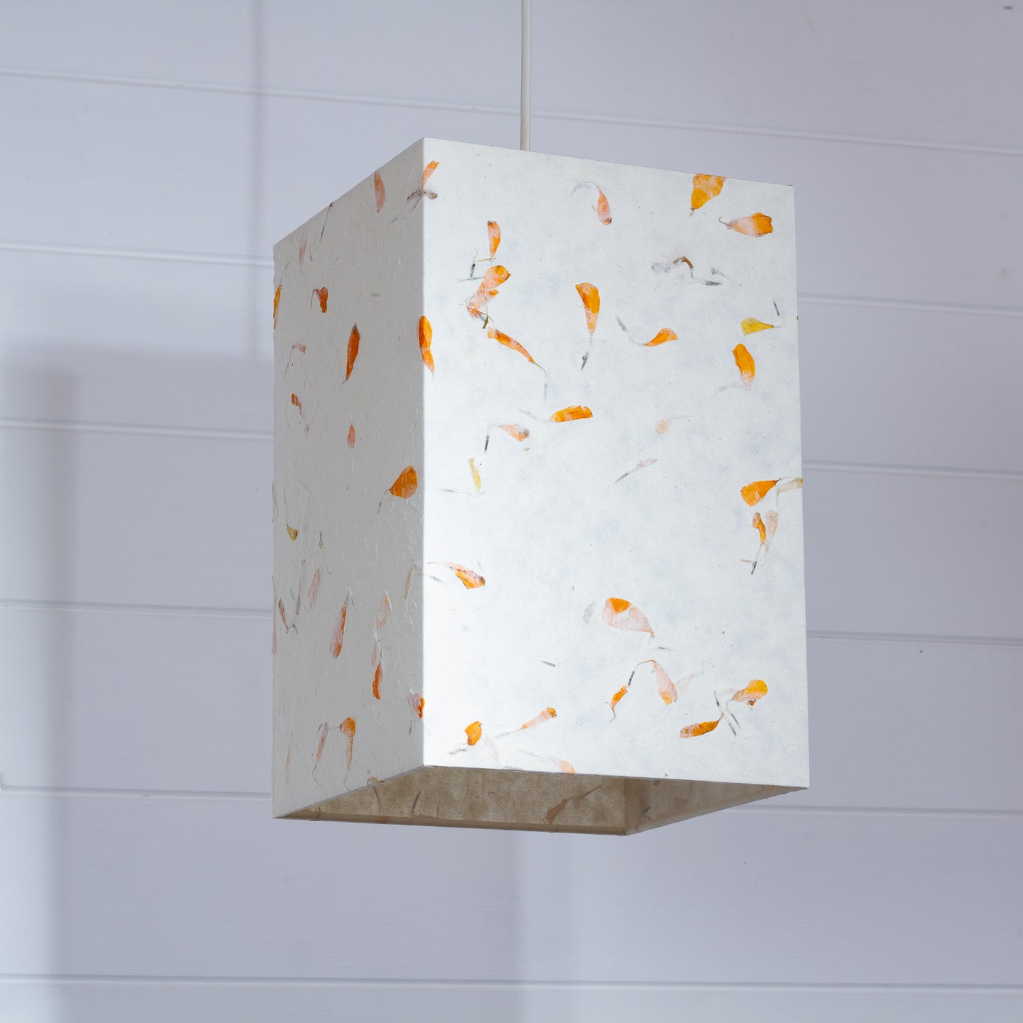 Square Lamp Shade - P32 - Marigold Petals on Natural Lokta, 20cm(w) x 30cm(h) x 20cm(d)