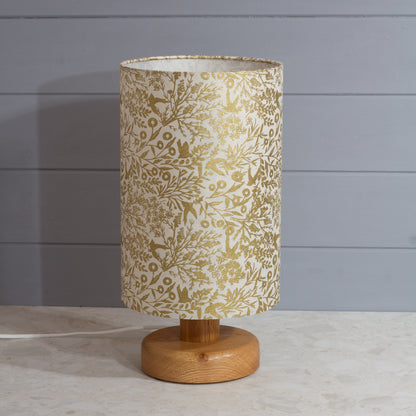 Round Oak Table Lamp (15cm) with 20cm x 30cm Drum Lampshade in B135 ~ Gold Birds