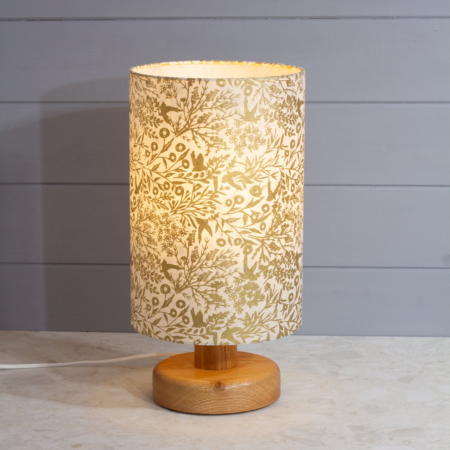 Round Oak Table Lamp (15cm) with 20cm x 30cm Drum Lampshade in B135 ~ Gold Birds