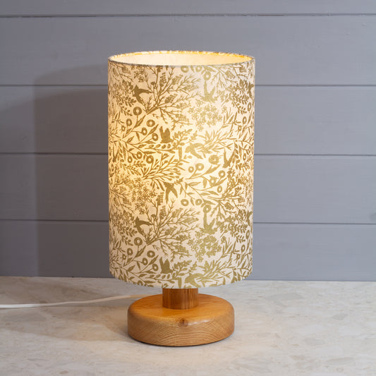 Round Oak Table Lamp (15cm) with 20cm x 30cm Drum Lampshade in B135 ~ Gold Birds