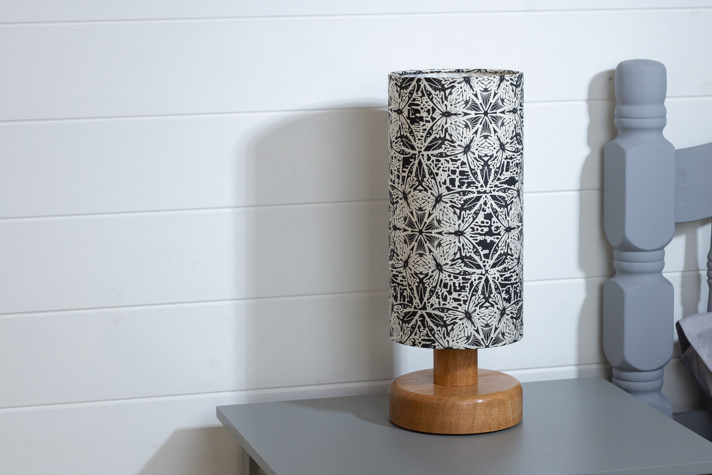 Round Oak Table Lamp (15cm) with 15cm x 30cm Drum Lampshade in B136 ~ Butterfly Kaleidoscope Black