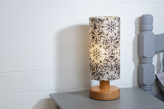 Round Oak Table Lamp (15cm) with 15cm x 30cm Drum Lampshade in B136 ~ Butterfly Kaleidoscope Black