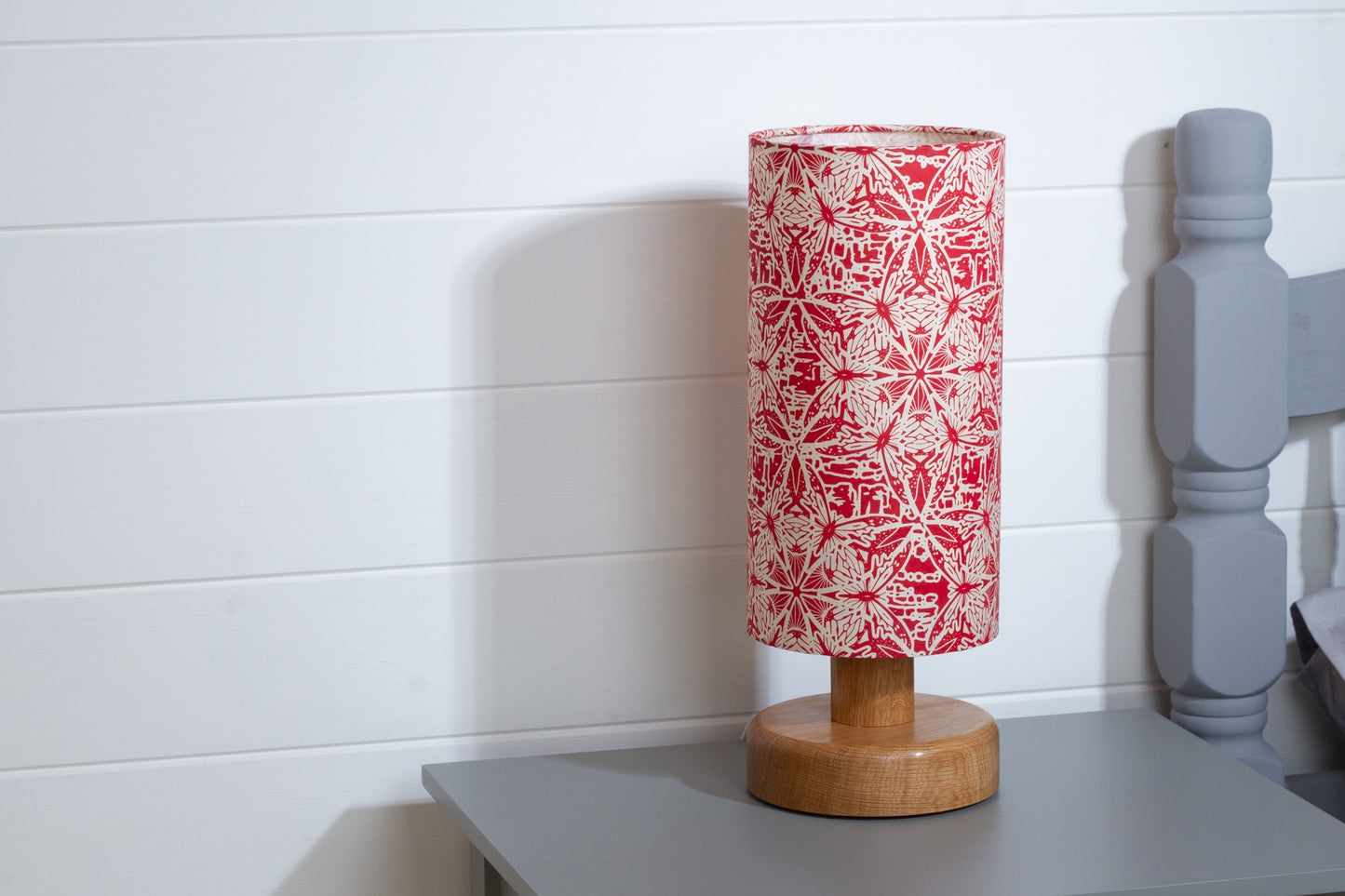 Round Oak Table Lamp (15cm) with 15cm x 30cm Drum Lampshade in B137 ~ Butterfly Kaleidoscope Red
