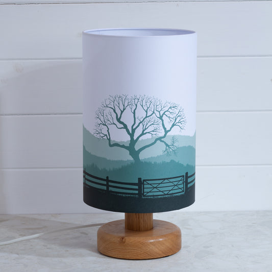 Round Oak Table Lamp with 20cm x 30cm Lamp Shade in Landscape Gate Green