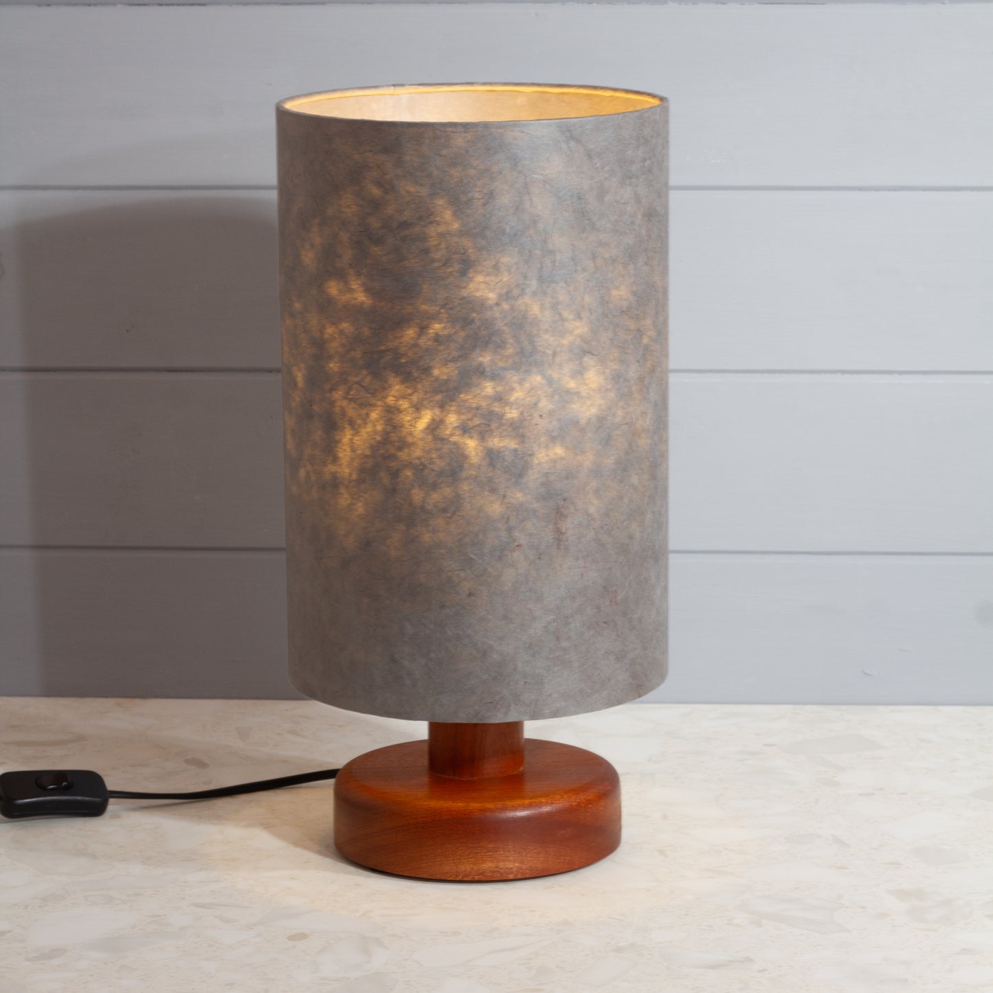 Round Sapele Table Lamp (15cm) with 20cm x 30cm Drum Lampshade in P53 - Pewter Grey